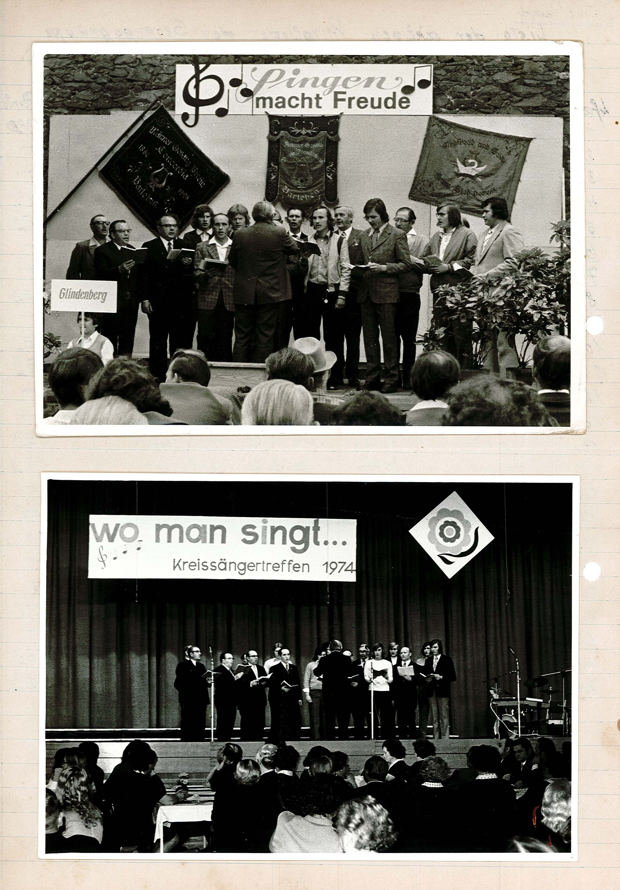 Duplikat Liste der aktiven Mitglieder der Gesangsgruppe in Glindenberg / 2 Fotografien von Auftritten der Gesangsgruppe in Glindenberg (Museum Wolmirstedt RR-F)
