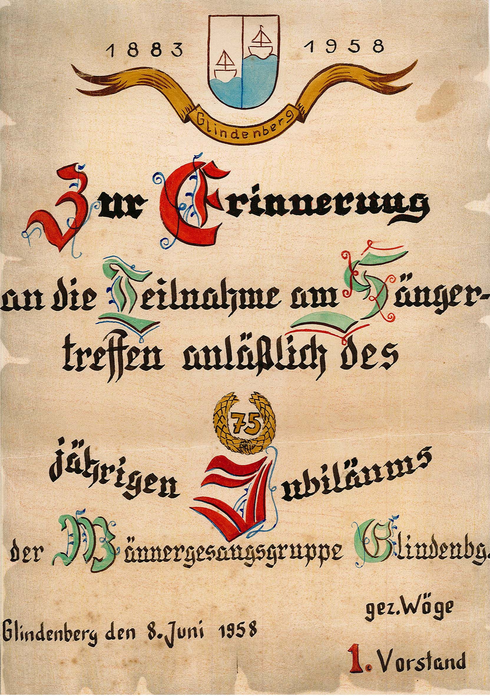 Erinnerungsblatt zum Sängertreffen anlässlich des 75-jährigen Bestehens des Männer-Gesang-Vereins Glindenberg, 08.06.1958 (Museum Wolmirstedt RR-F)