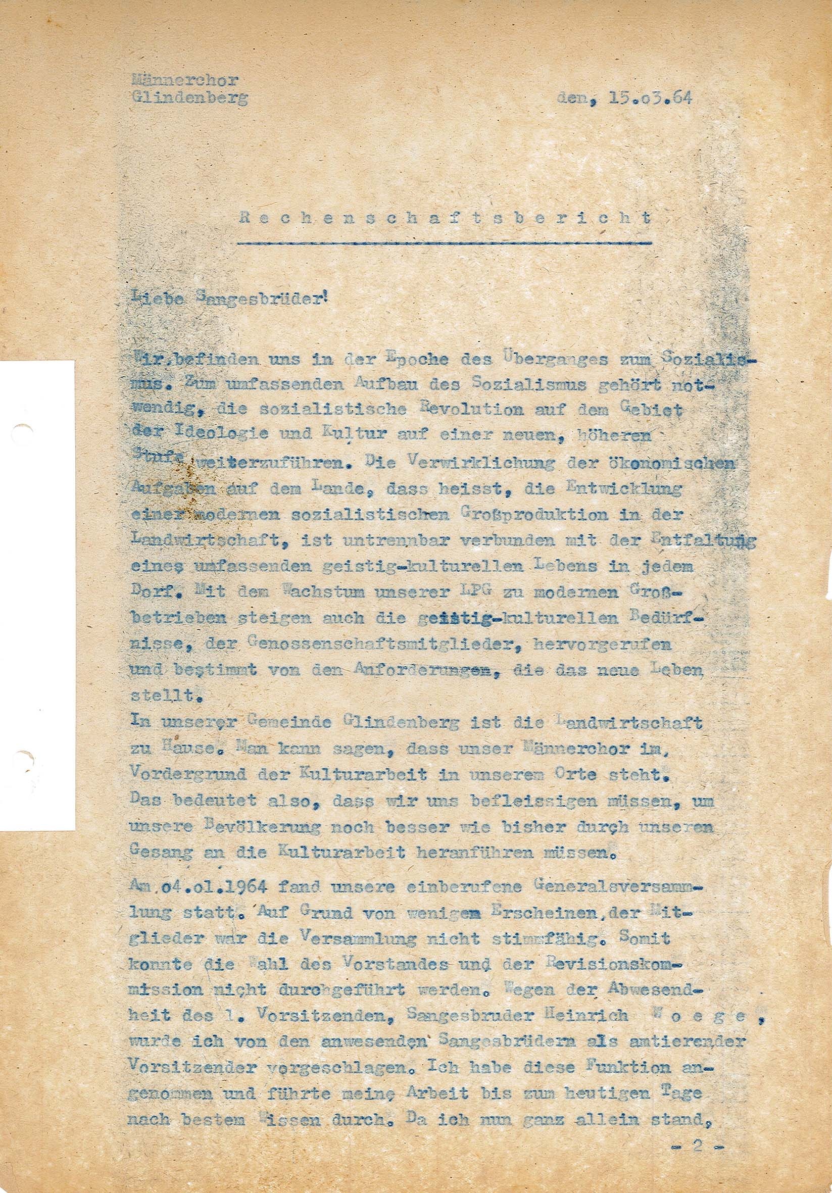 Rechenschaftsbericht des Männerchor Glindenberg, 15.03.1964 (Museum Wolmirstedt RR-F)