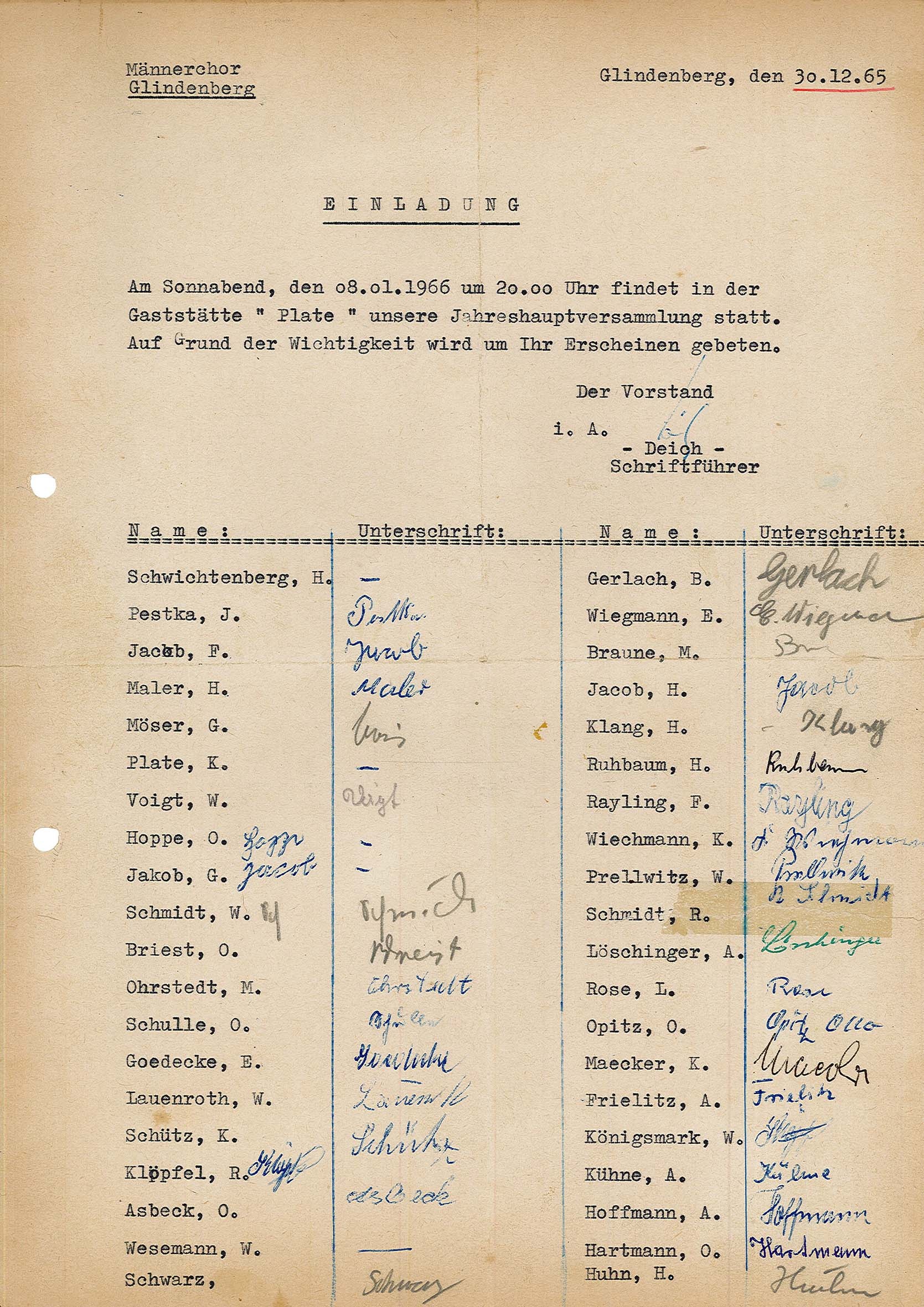 Einladung mit Anmelde- oder Anwesenheitsliste zur Jahreshauptversammlung des Männerchor Glindenberg am 08.01.1966 (Museum Wolmirstedt RR-F)