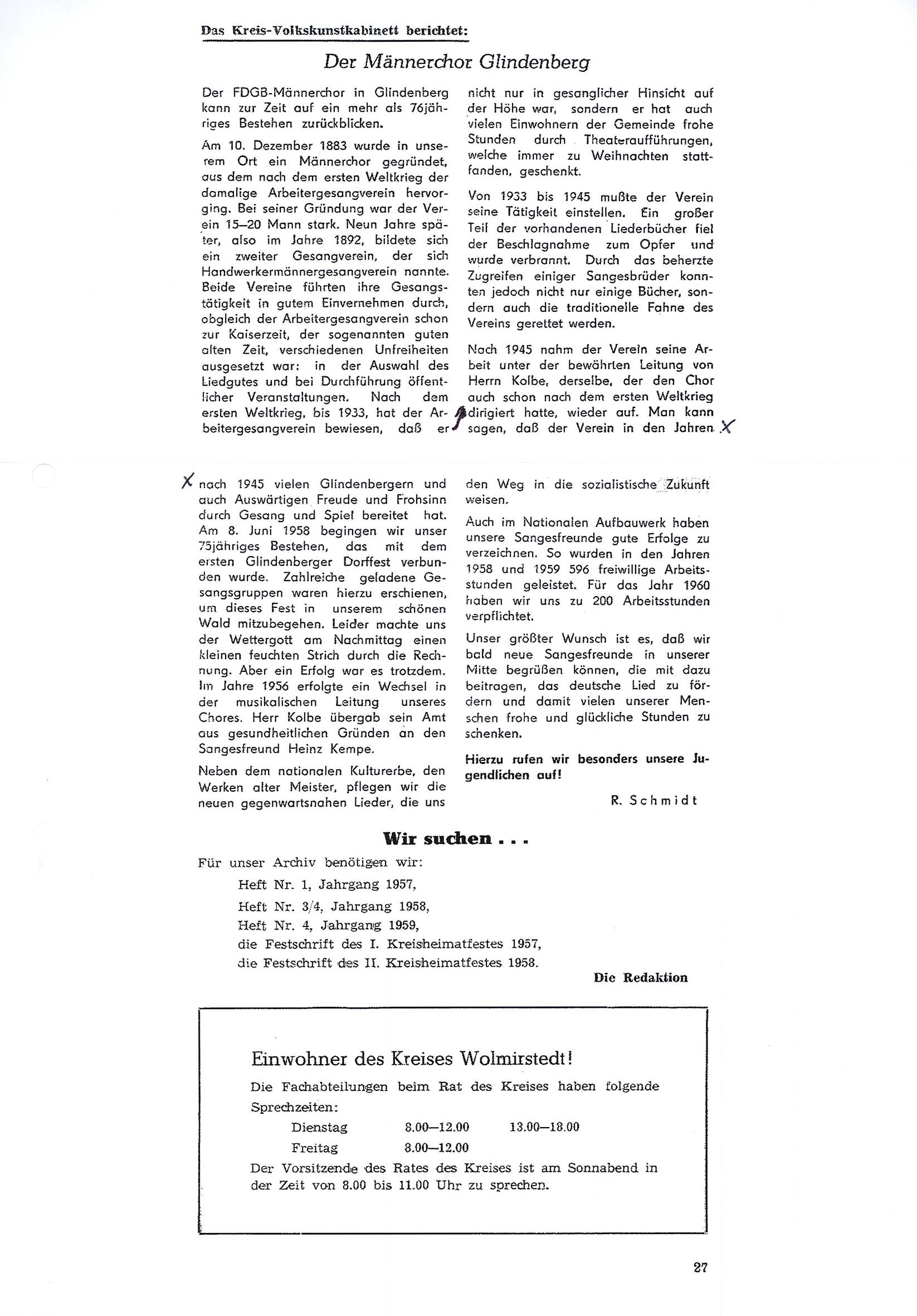 Zeitungsartikel: Bericht des Kreis-Volkskunstkabinetts über den Männerchor Glindenberg / 3 Fotografien der Fahne des Mänger-Gesang-Vereins Glindenberg (Museum Wolmirstedt RR-F)