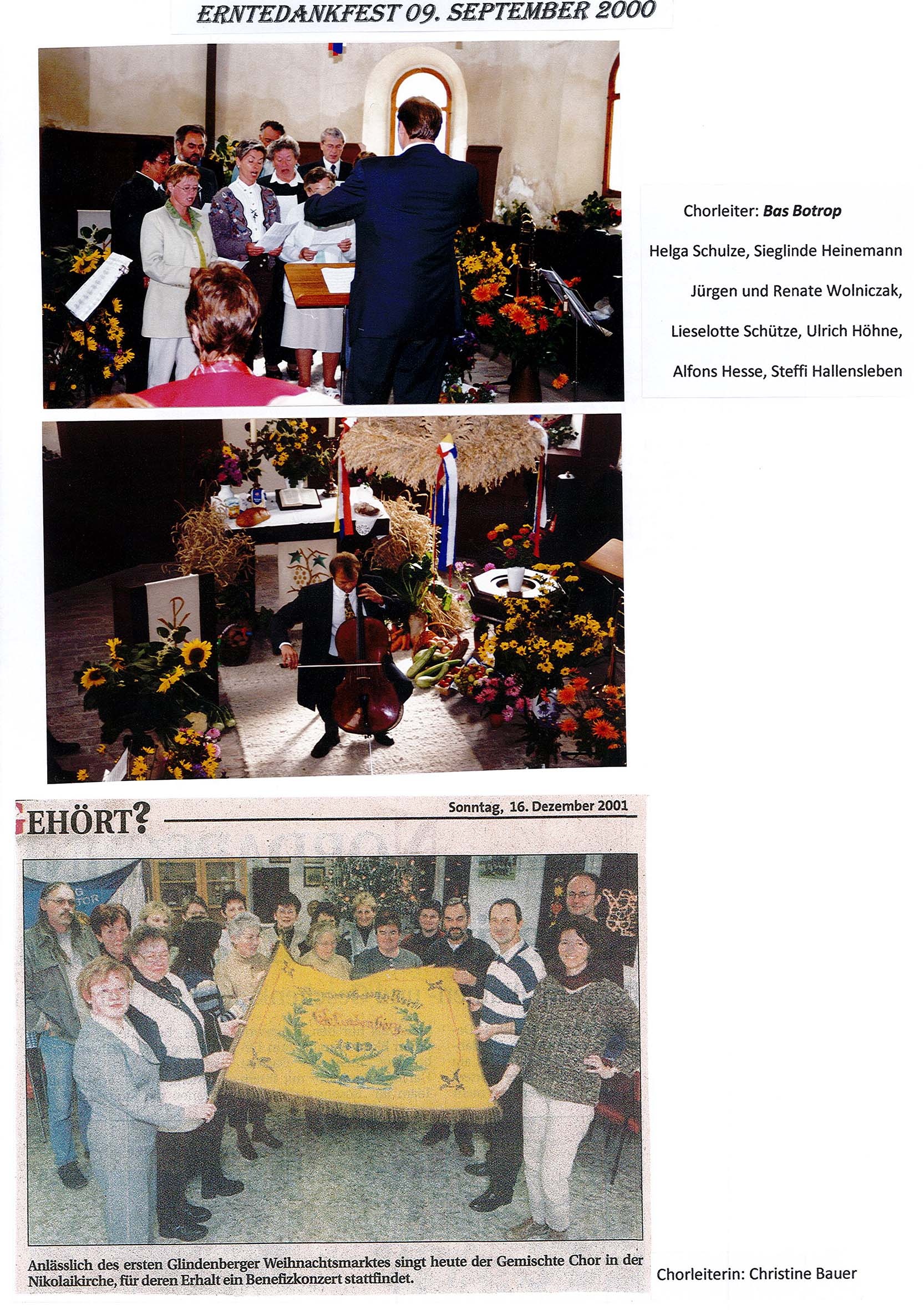 2 Fotografien Auftritt des Glindenberger Chor zum Erntedankfest, 09.09.2000 / Zeitungsartikel vom 16.12.2001 / Zeitungsartikel "Benefizkonzert in Glindenberger  (Museum Wolmirstedt RR-F)