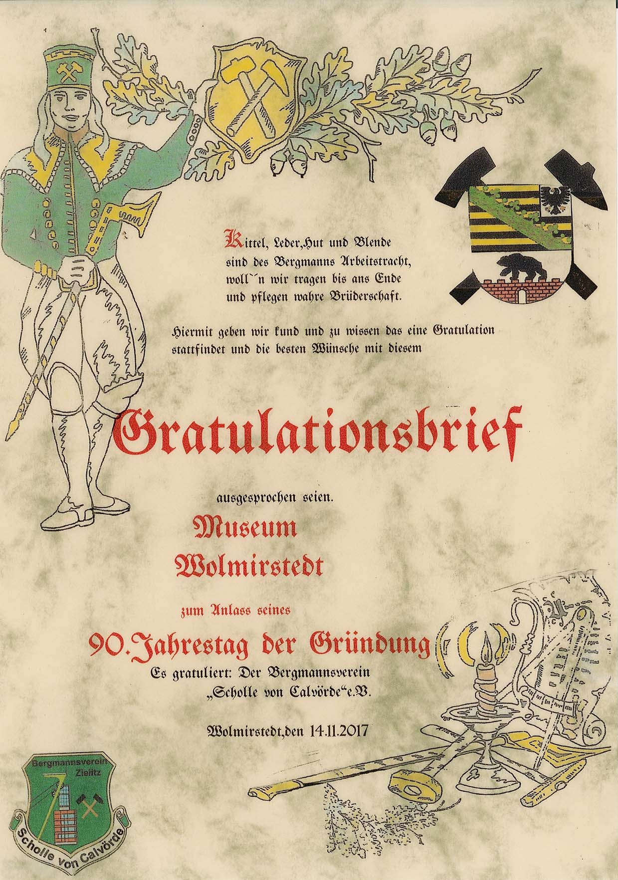Gratulationsbrief "90 Jahre Museum Wolmirstedt" vom Bergmannsverein Zielitz "Scholle von Calvörde" e.V. (Museum Wolmirstedt RR-F)