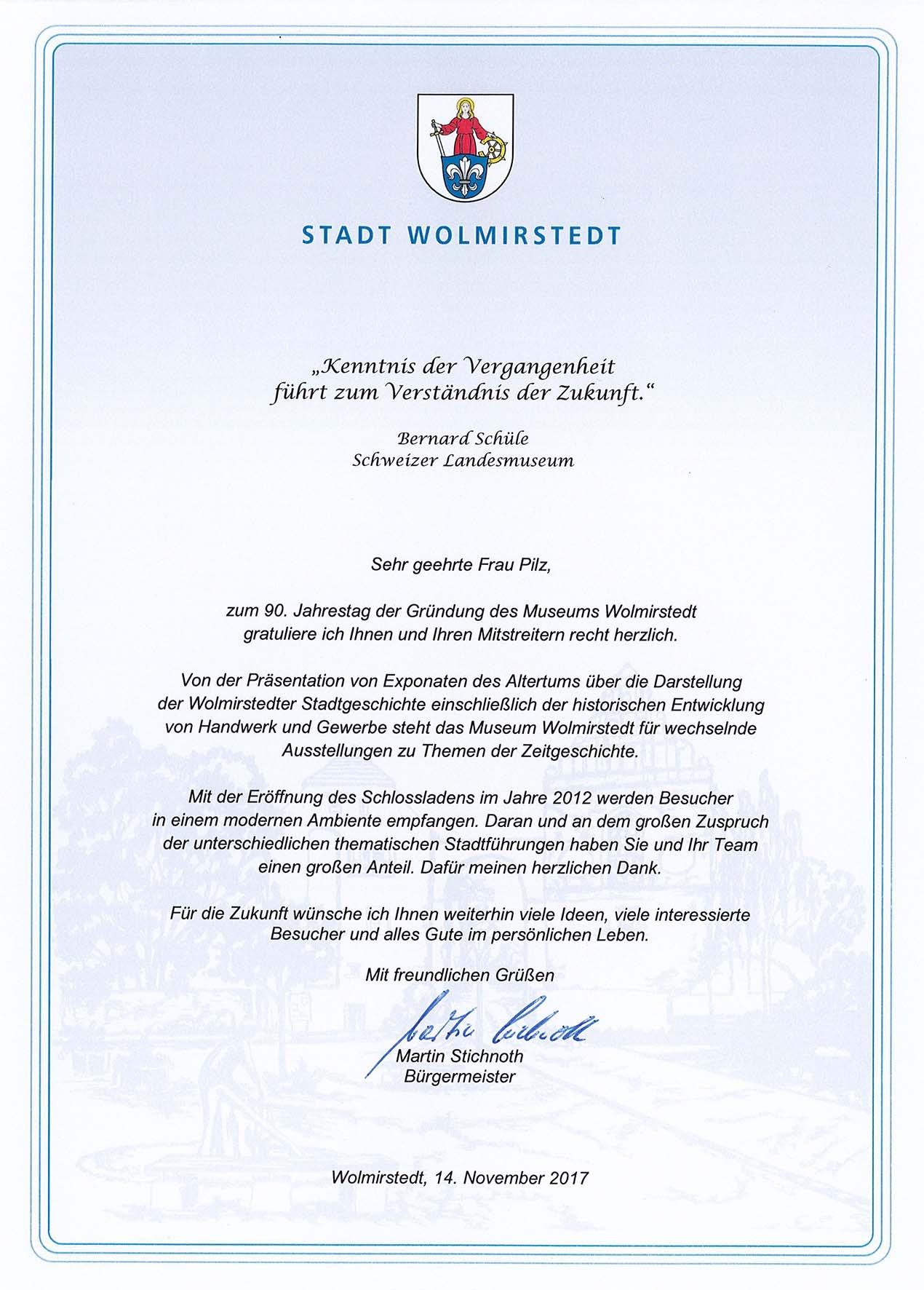 Gratulationsbrief "90 Jahre Museum" vom Bürgermeister der Stadt Wolmirstedt (Museum Wolmirstedt RR-F)