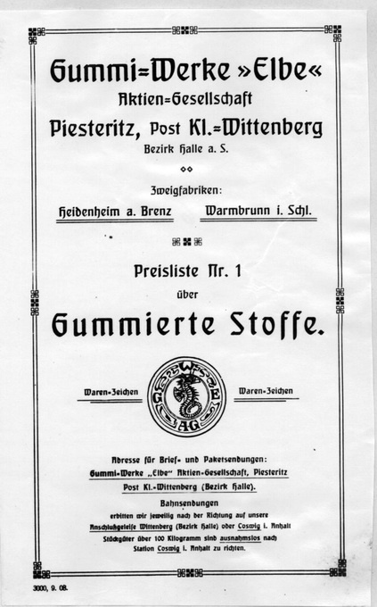 Auszug aus dem Produktkatalog des Gummi-Werkes „Elbe“ 1908 (Haus der Geschichte Wittenberg RR-F)