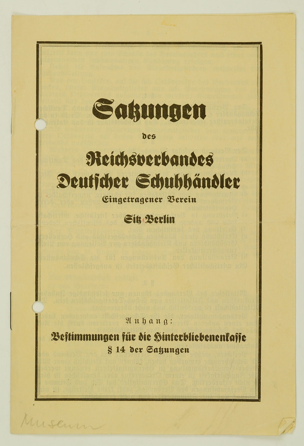 Satzung des Reichsverbandes Deutscher Schuhhändler, um 1926 (Museum Weißenfels - Schloss Neu-Augustusburg CC BY-NC-SA)