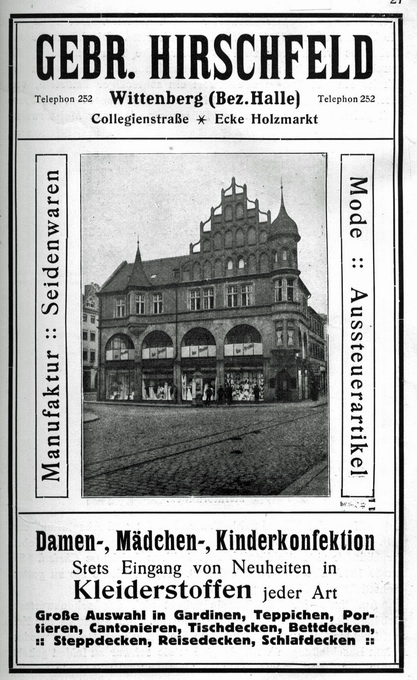 Firmenanzeige - „Gebrüder Hirschfeld“, Damen-, Mädchen-, Kinderkonfektion (Haus der Geschichte Wittenberg RR-F)