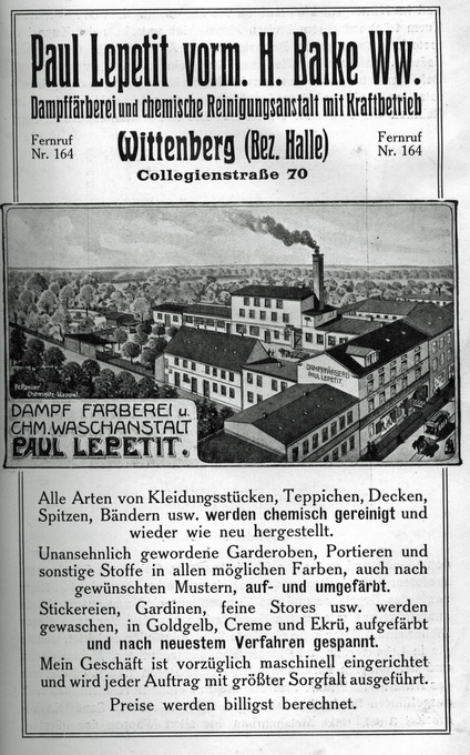 „Paul Lepetit vorm. H. Balke Ww.“, Dampffärberei und chemische Reinigungsanstalt (Haus der Geschichte Wittenberg RR-F)