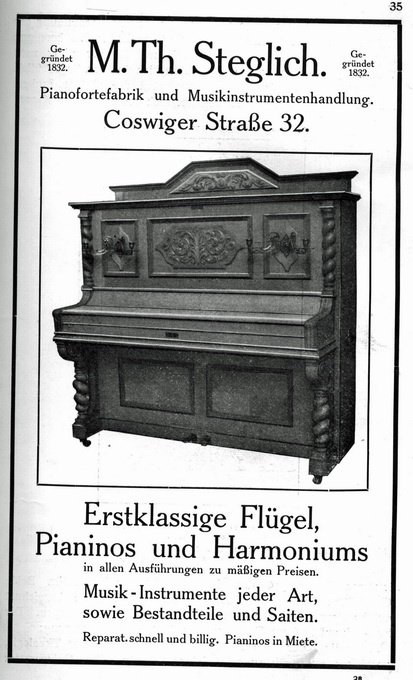 Firmenanzeige - „M. Th. Steglich“, Pianofabrik und Musikinstrumentenhandlung (Haus der Geschichte Wittenberg RR-F)
