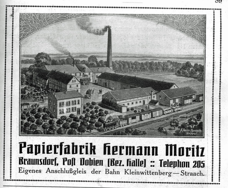 Firmenanzeige - „Papierfabrik Hermann Moritz“ Braunsdorf (Haus der Geschichte Wittenberg RR-F)