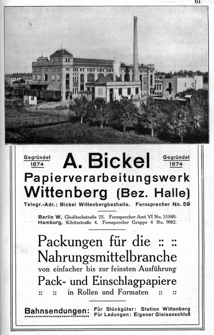 Firmenanzeige - „A. Bickel“, Papierverarbeitungswerk, Wittenberg (Haus der Geschichte Wittenberg RR-F)