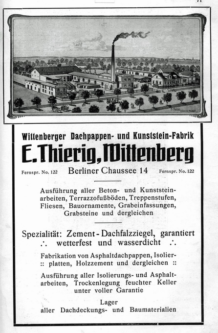 Firmenanzeige - Wittenberger Dachpappen- und Kunststein-Fabrik „E. Thierig“ (Haus der Geschichte Wittenberg RR-F)