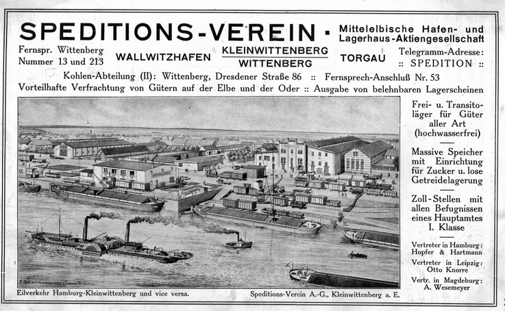 Firmenanzeige - „Speditions-Verein“ , Mittelelbische Hafen- und Lagerhaus-Aktiengesellschaft (Haus der Geschichte Wittenberg RR-F)