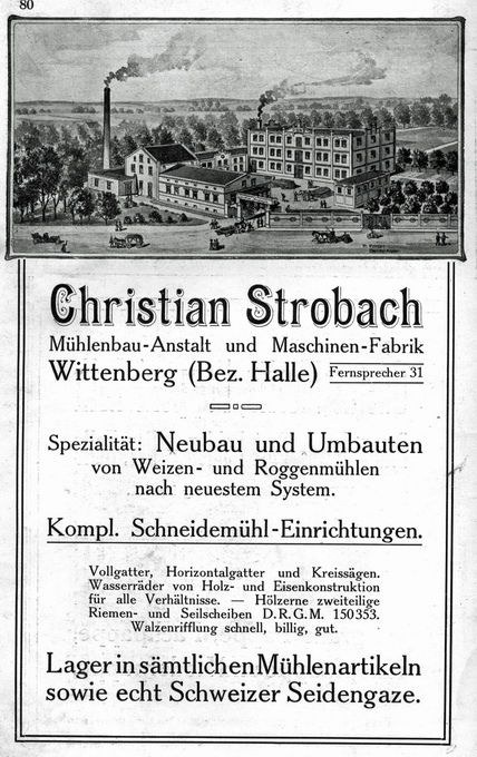 Firmenanzeige - „Christian Strobach“, Mühlenbau-Anstalt und Maschinen-Fabrik Wittenberg (Haus der Geschichte Wittenberg RR-F)