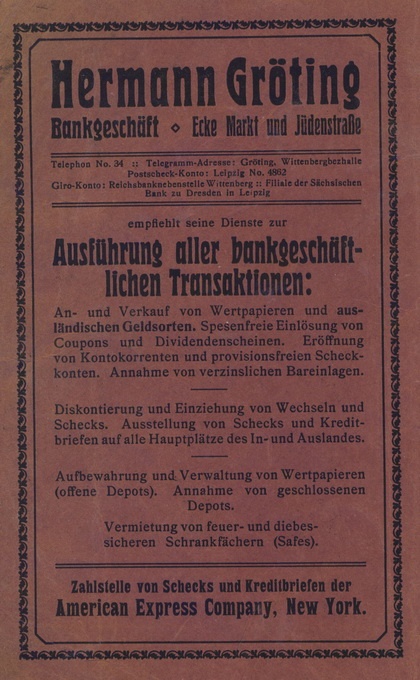 Firmenanzeige - „Hermann Gröting“, Bankgeschäft in Wittenberg (Haus der Geschichte Wittenberg RR-F)