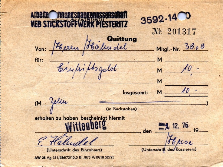 Quittung über das Eintrittsgeld in die Arbeiterwohnungsbaugenossenschaft des VEB Stickstoffwerk Piesteritz (Haus der Geschichte Wittenberg RR-F)