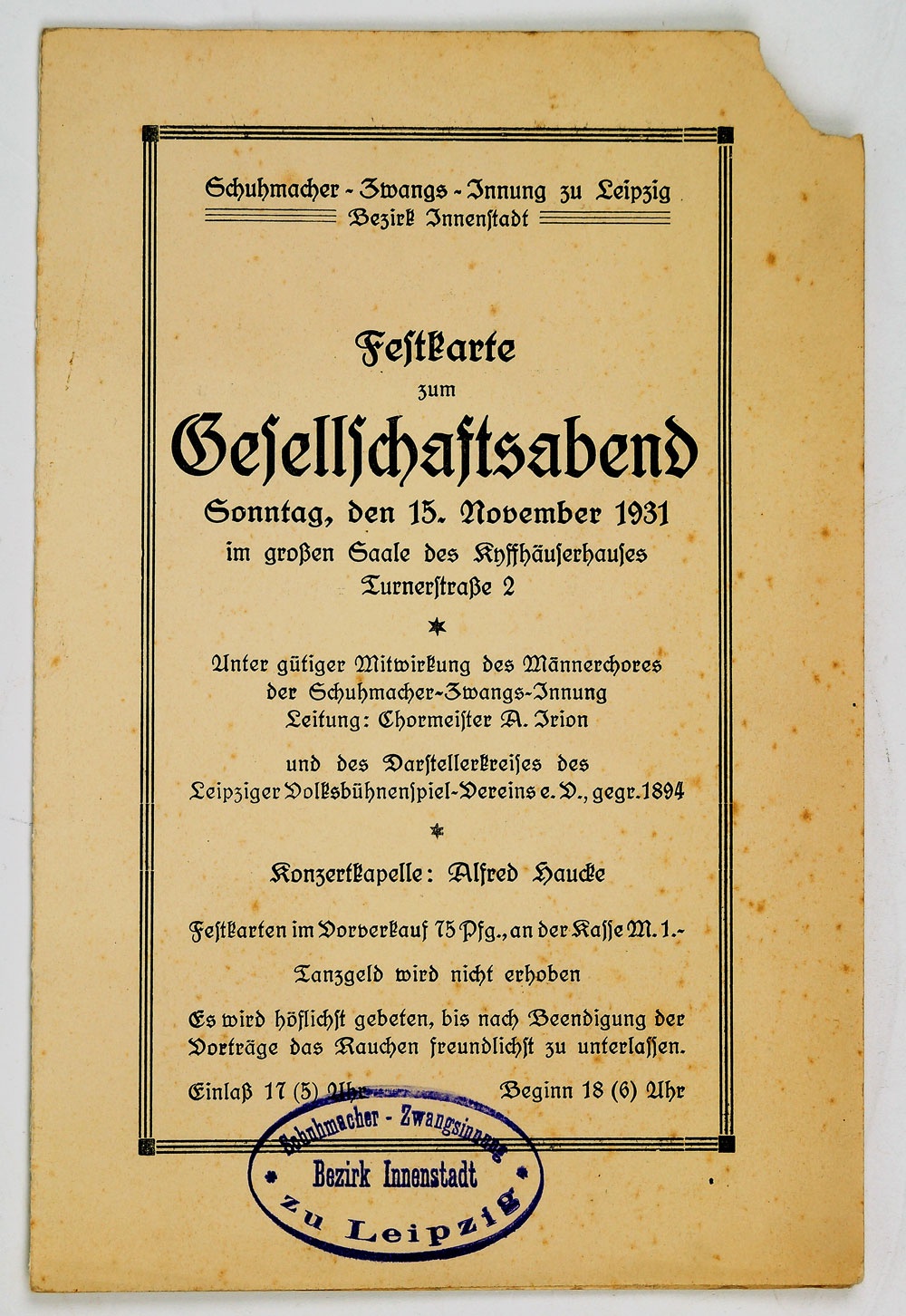 Einladung für Gesellschaftsabend der Schuhmacher-Zwangsinnung 1931 (Museum Weißenfels - Schloss Neu-Augustusburg CC BY-NC-SA)