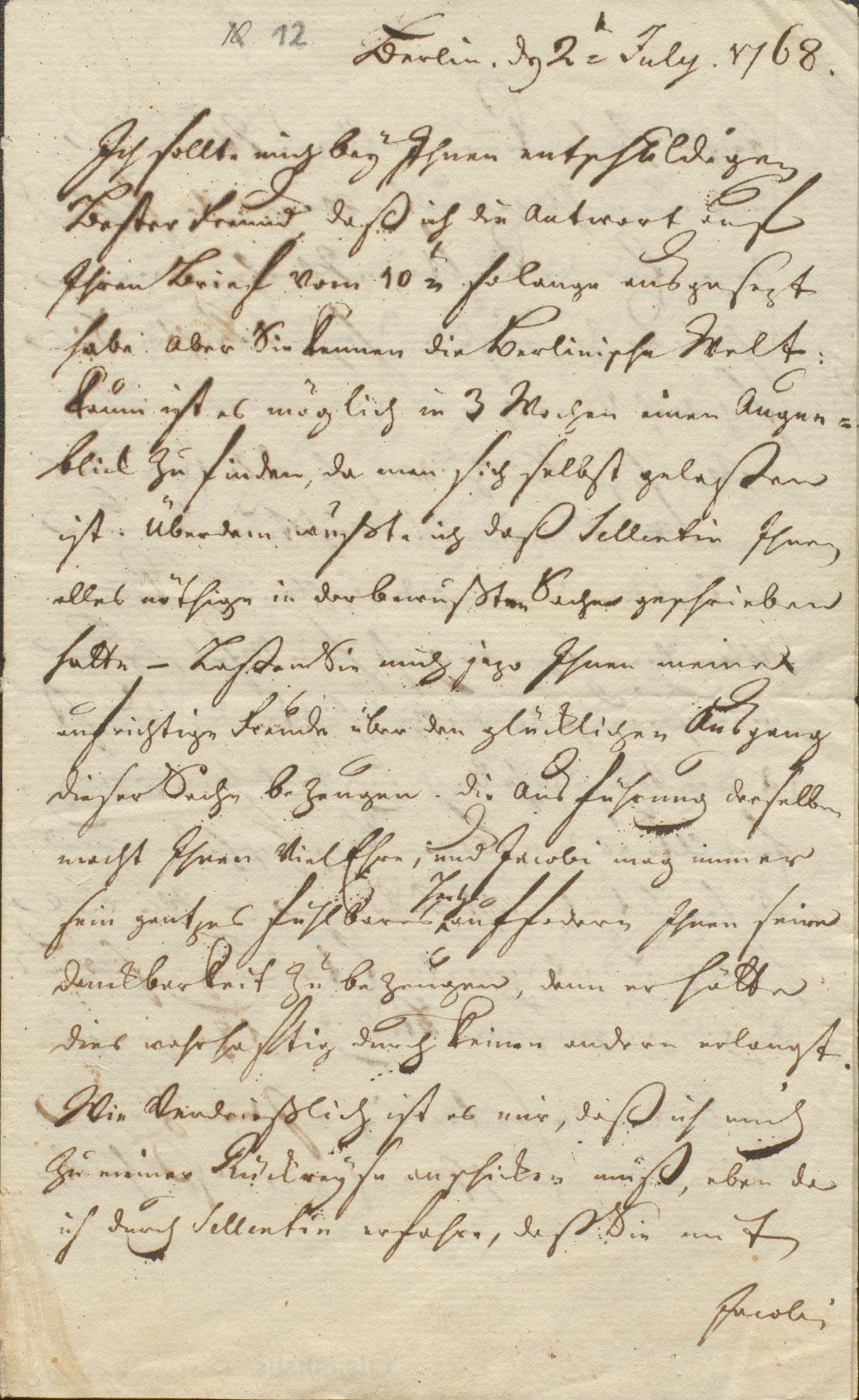 Brief von Heinrich Wilhelm Bachmann an Johann Wilhelm Ludwig Gleim, 2.7.1768 (Gleimhaus Halberstadt CC BY-NC-SA)