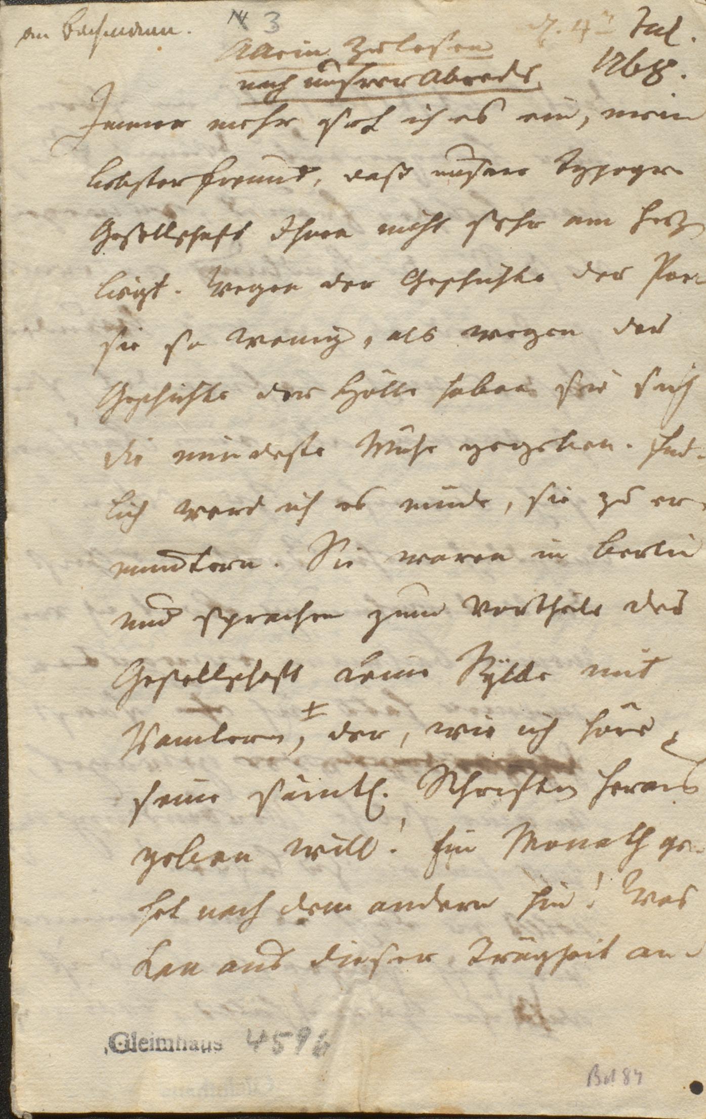 Brief von Johann Wilhelm Ludwig Gleim an Heinrich Wilhelm Bachmann, 4.7.1768 (Gleimhaus Halberstadt CC BY-NC-SA)