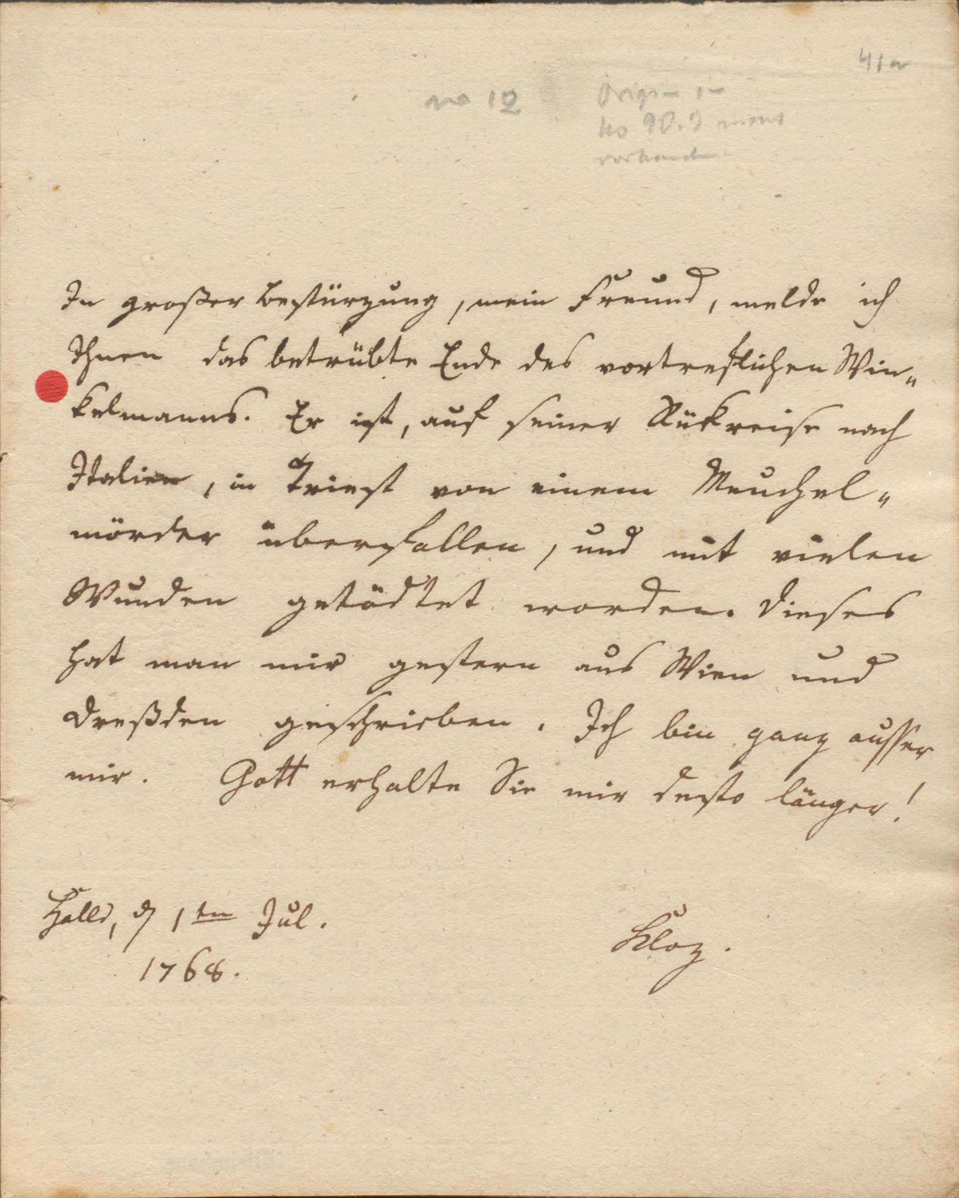 Brief von Christian Adolf Klotz an Johann Wilhelm Ludwig Gleim, 1.7.1768 (Gleimhaus Halberstadt CC BY-NC-SA)