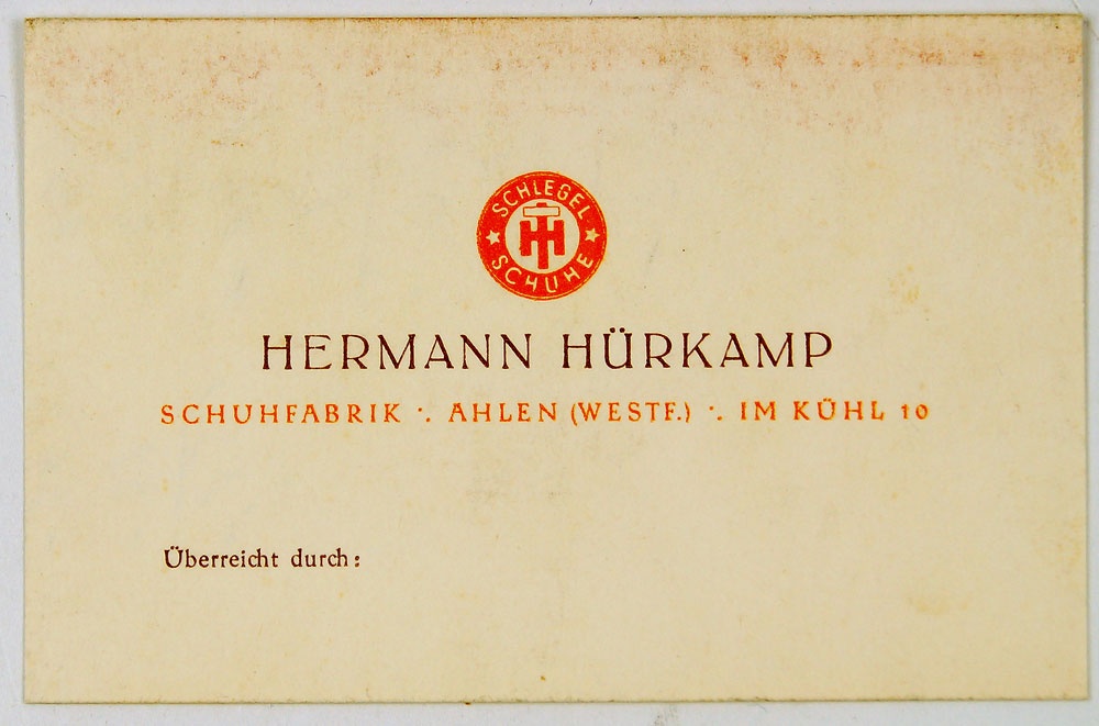 Visitenkarte Schuhfabrik Hermann Hürkamp (Museum Weißenfels - Schloss Neu-Augustusburg CC BY-NC-SA)