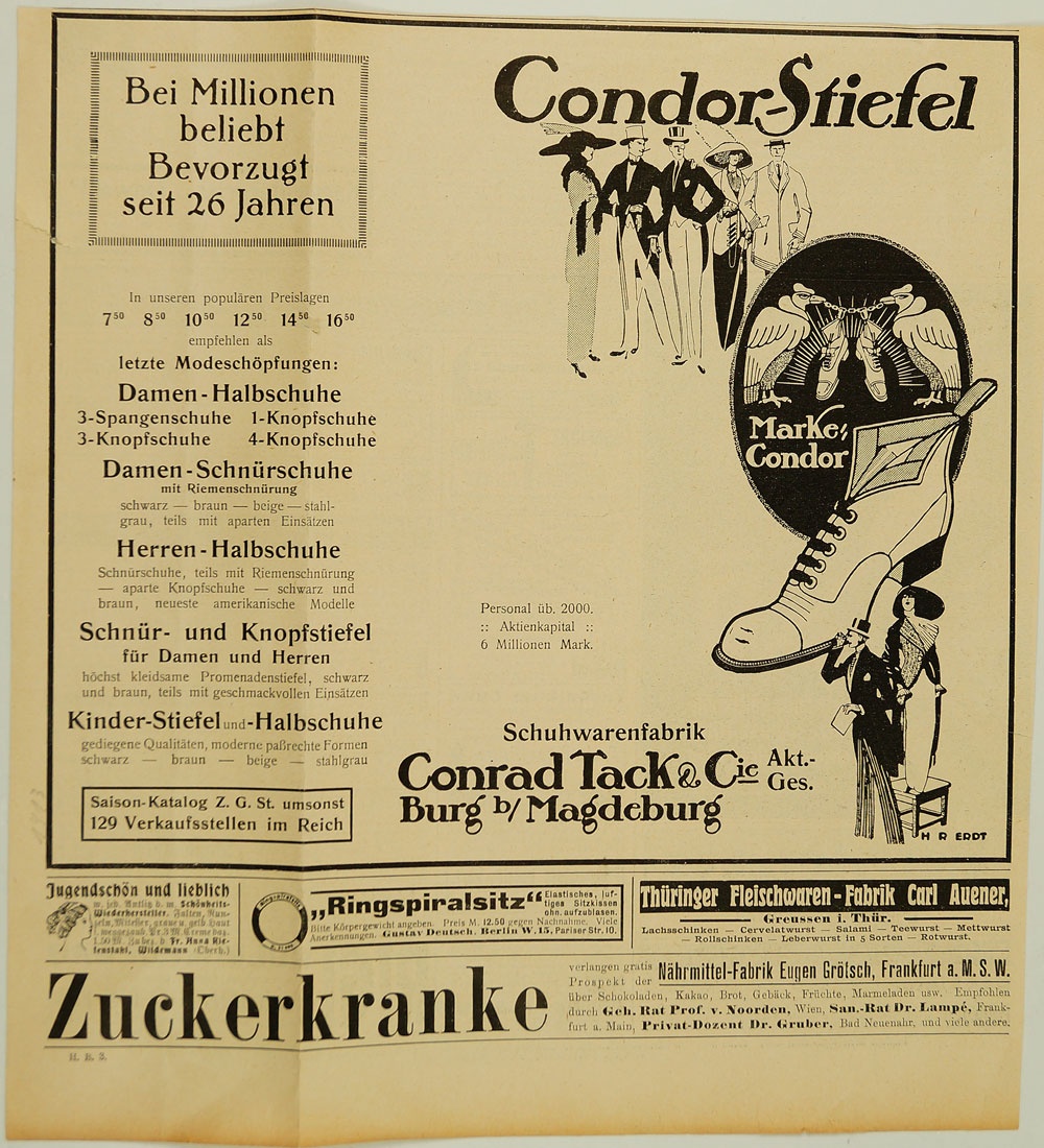 Zeitungsausschnitt mit Schuhwerbung für condor-Stiefel, 1913 (Museum Weißenfels - Schloss Neu-Augustusburg CC BY-NC-SA)