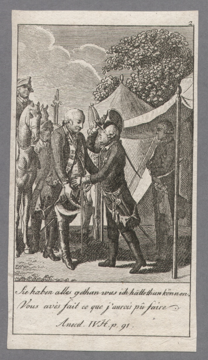 "Sie haben alles gethan was ich hätte thun können" Blatt 2 zu Illustrationen zu den Anekdoten und Charakterzügen Friedrichs II., Gothaischer Hofkalender 1789 (Gleimhaus Halberstadt CC BY-NC-SA)