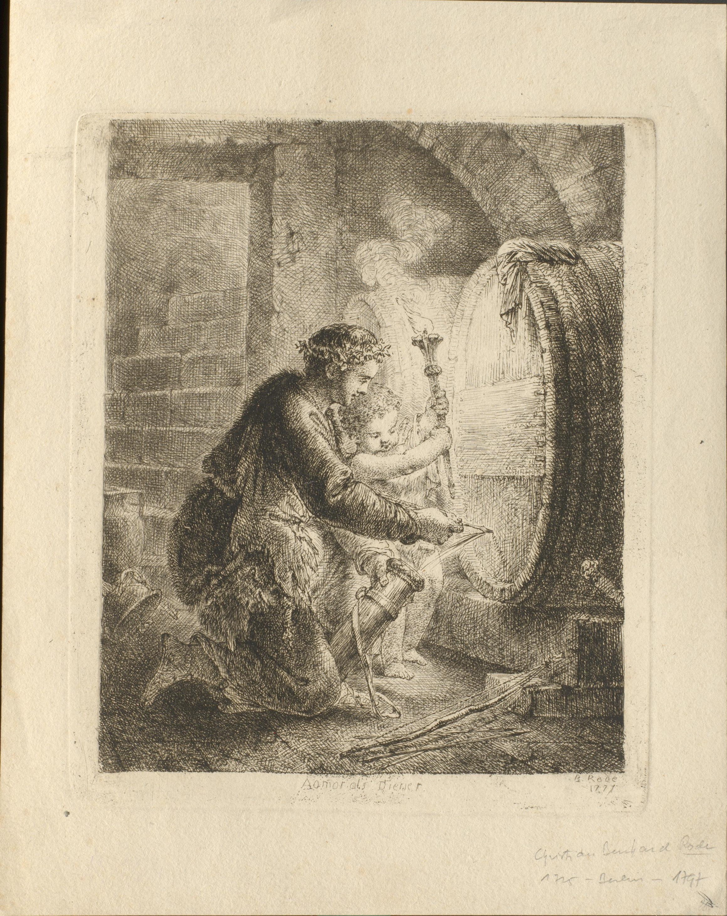 "Amor als Diener". Illustration zu Johann Nikolaus Götz: Amor, als Diener. In: Ramler: Lyrische Bluhmenlese, Bd. 1. Unten rechts: B. Rode / 1777 (Gleimhaus Halberstadt CC BY-NC-SA)