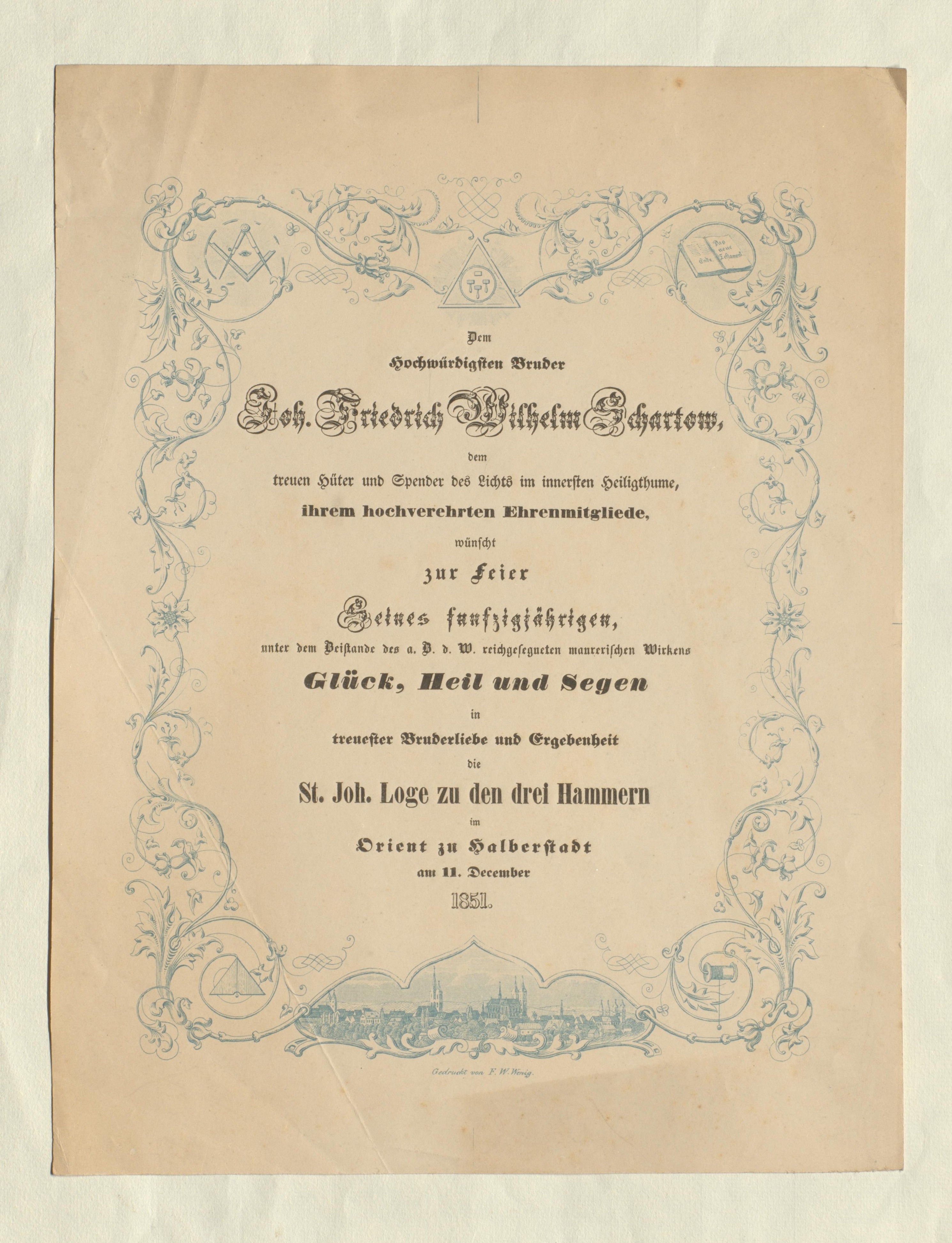Jubiläumsblatt zur fünfzigjährigen Mitgliedschaft von J. F. W. Schartow (Gleimhaus Halberstadt CC BY-NC-SA)