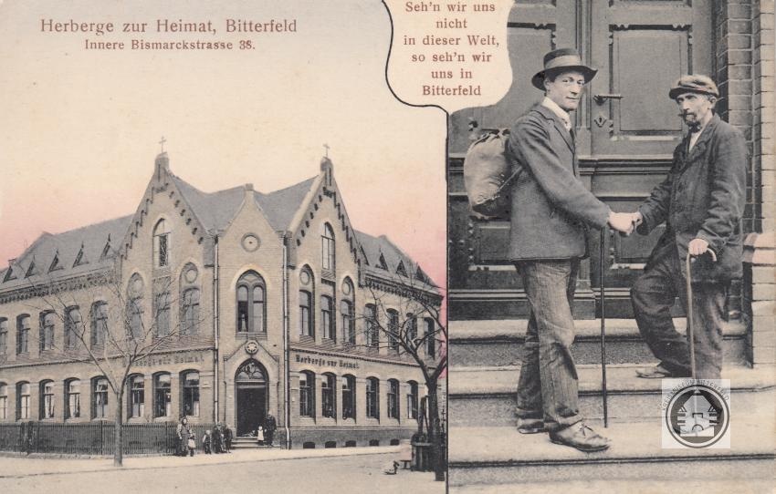 Ansichtskarte "Herberge zur Heimat, Bitterfeld" (2 Bildmotive, koloriert) (Kreismuseum Bitterfeld CC BY-NC-SA)