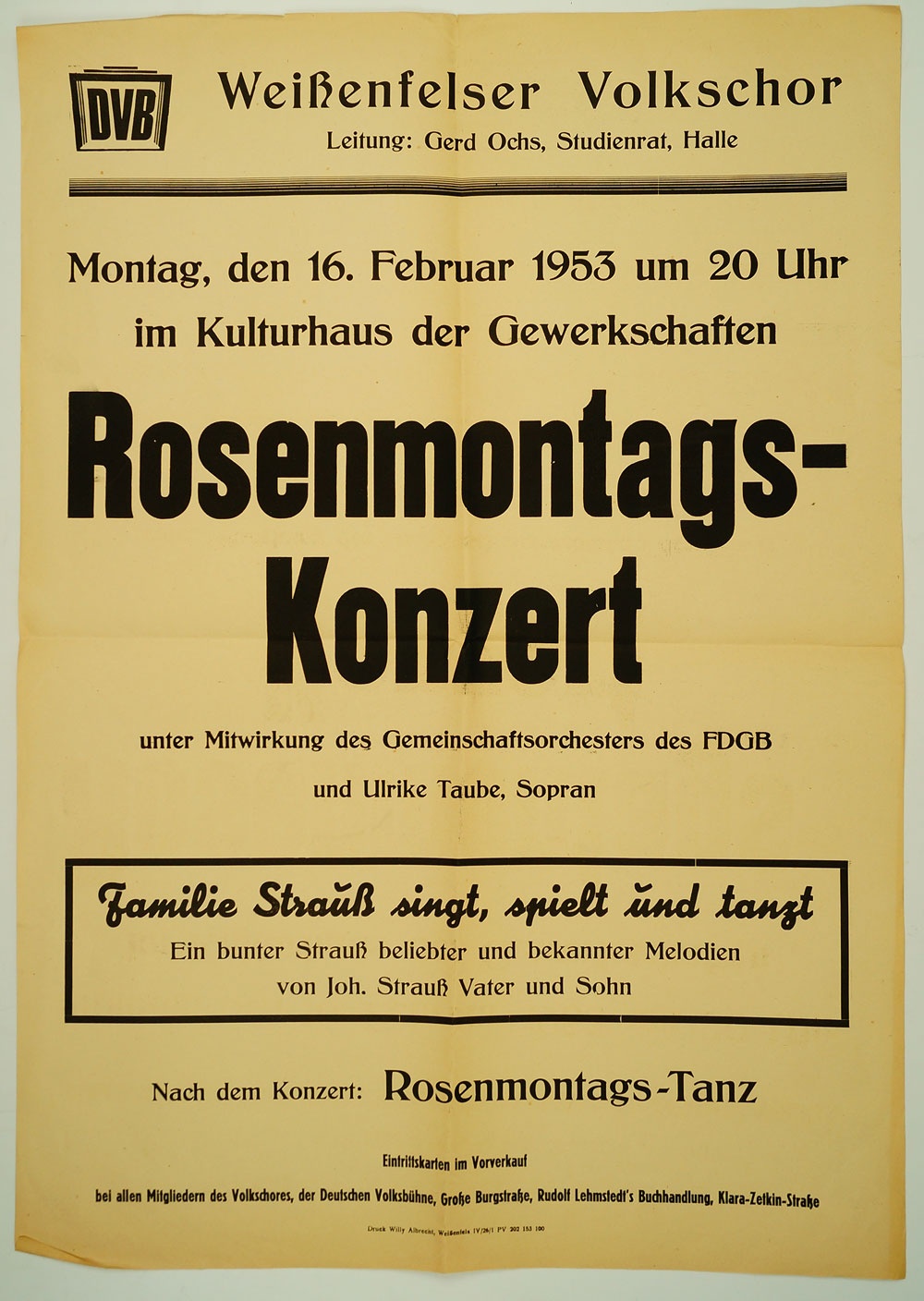 Plakat Rosenmontagskonzert mit dem Weißenfelser Volkschor (Museum Weißenfels - Schloss Neu-Augustusburg CC BY-NC-SA)