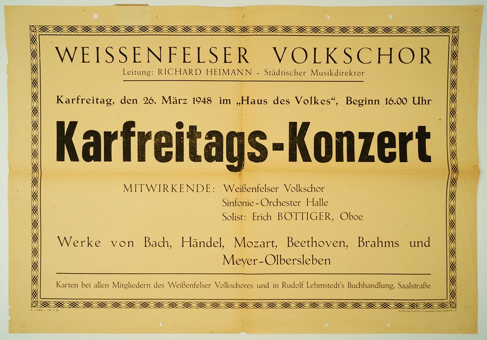 Plakat für ein Karfreitags-Konzert des Weißenfelser Volkschores, 1948 (Museum Weißenfels - Schloss Neu-Augustusburg CC BY-NC-SA)
