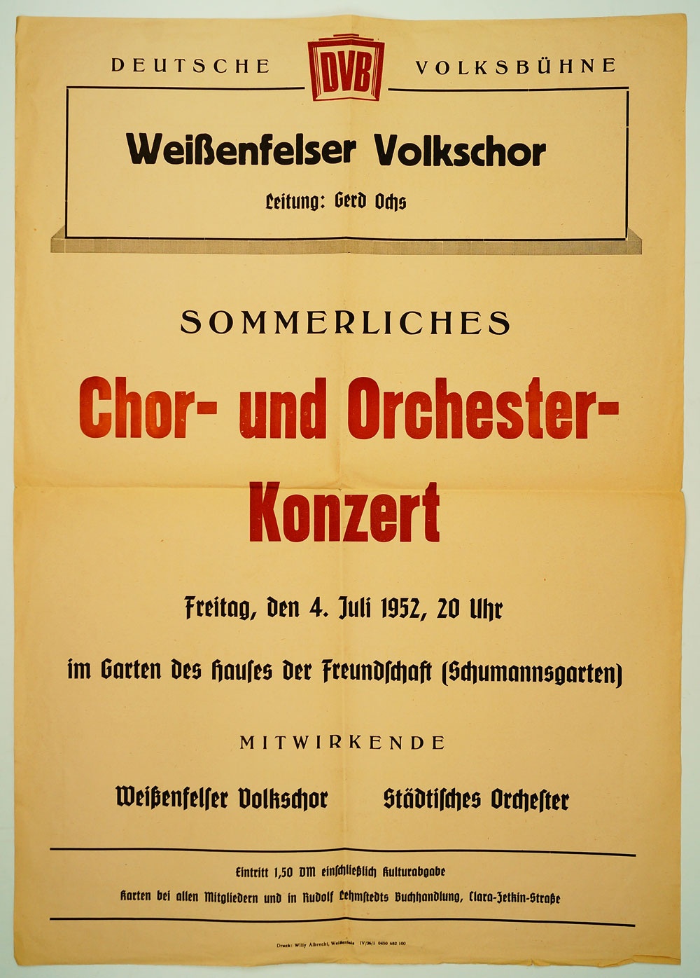 Plakat für ein Chor- und Orchesterkonzert des Weißenfelser Volkschor, 1952 (Museum Weißenfels - Schloss Neu-Augustusburg CC BY-NC-SA)
