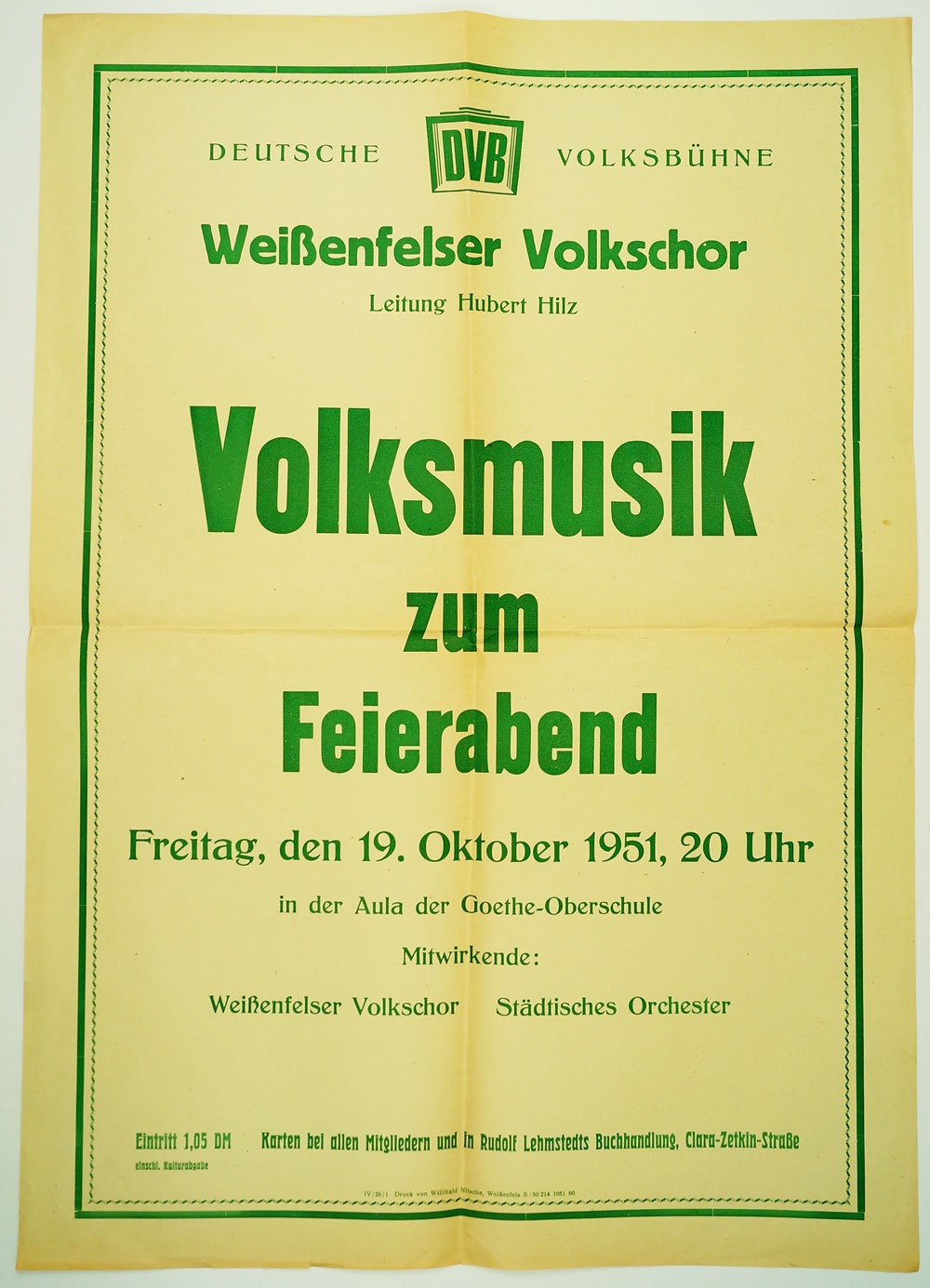 Plakat Weißenfelser Volkschor "Volksmusik zum Feierabend", 1951 (Museum Weißenfels - Schloss Neu-Augustusburg CC BY-NC-SA)