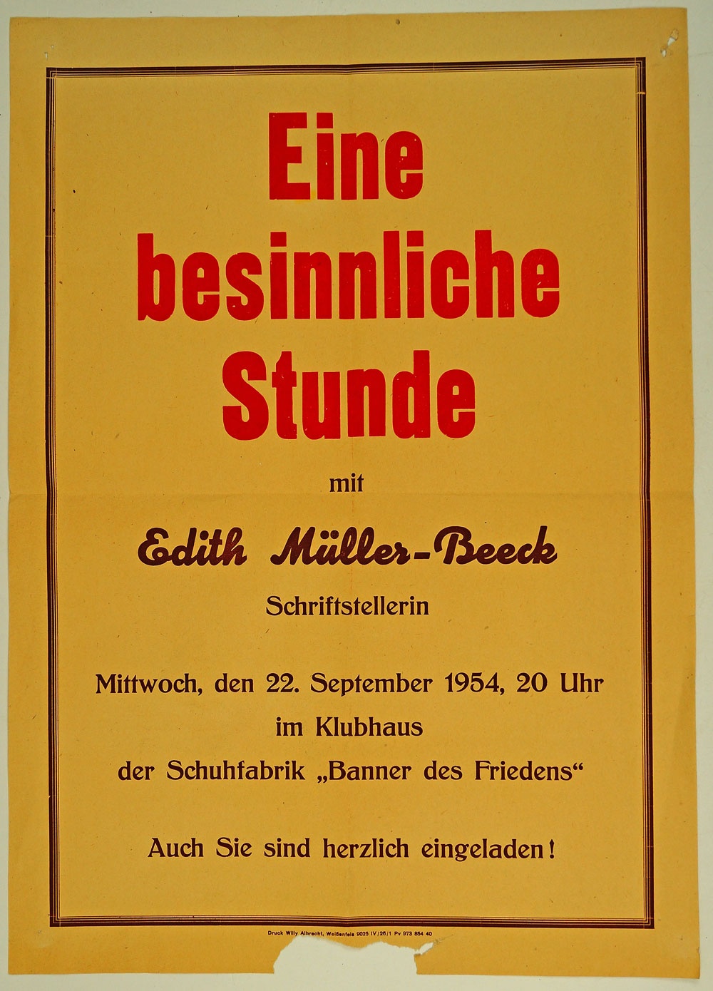 Plakat LEsung mit Edith Müller-Beeck, "Eine besindliche Stunde", 1954 (Museum Weißenfels - Schloss Neu-Augustusburg CC BY-NC-SA)