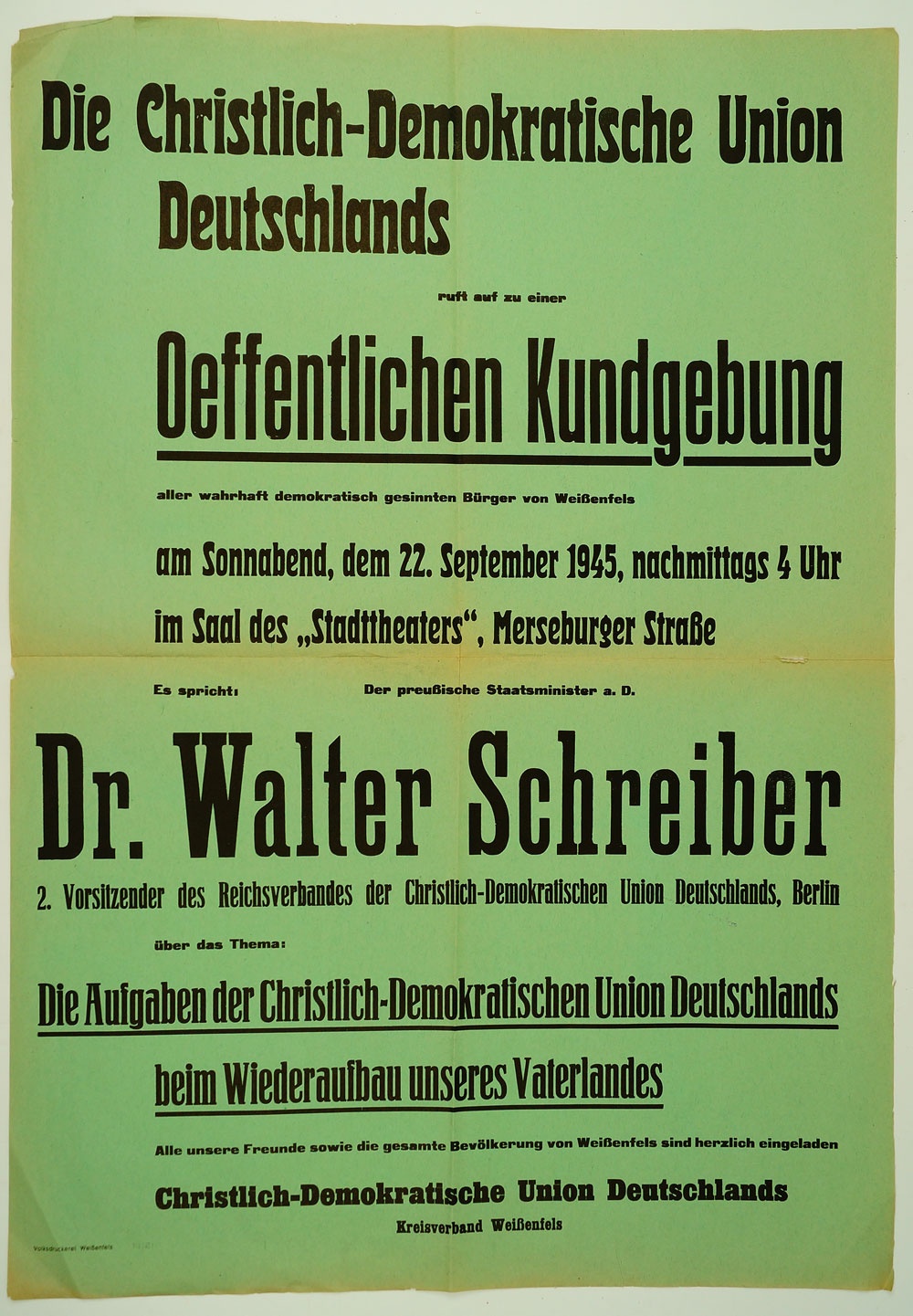 Plakat Aufruf Öffentliche Kundgebung der CDU, 1945 (Museum Weißenfels - Schloss Neu-Augustusburg CC BY-NC-SA)