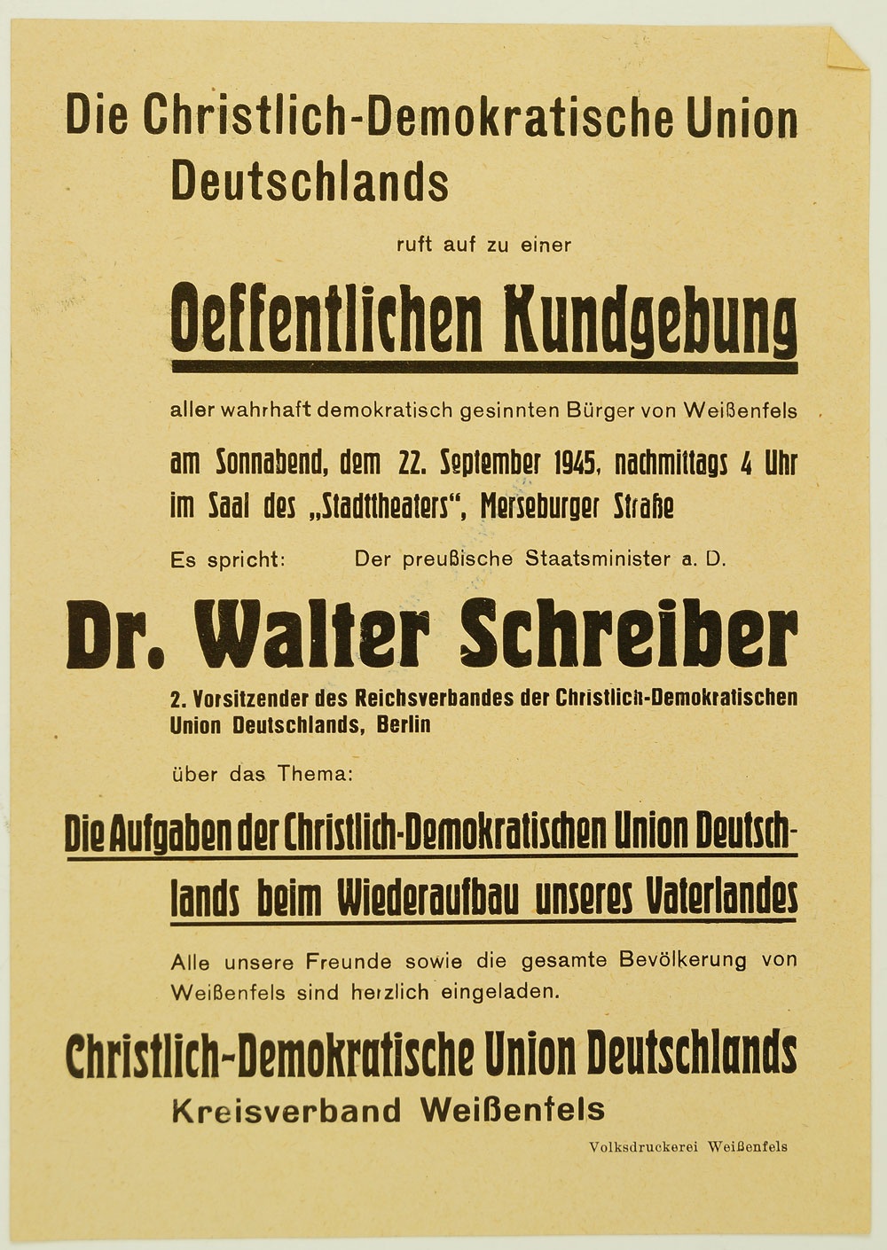 Handzettel für eine Öffentliche Kndgebung der CDU, 1945 (Museum Weißenfels - Schloss Neu-Augustusburg CC BY-NC-SA)
