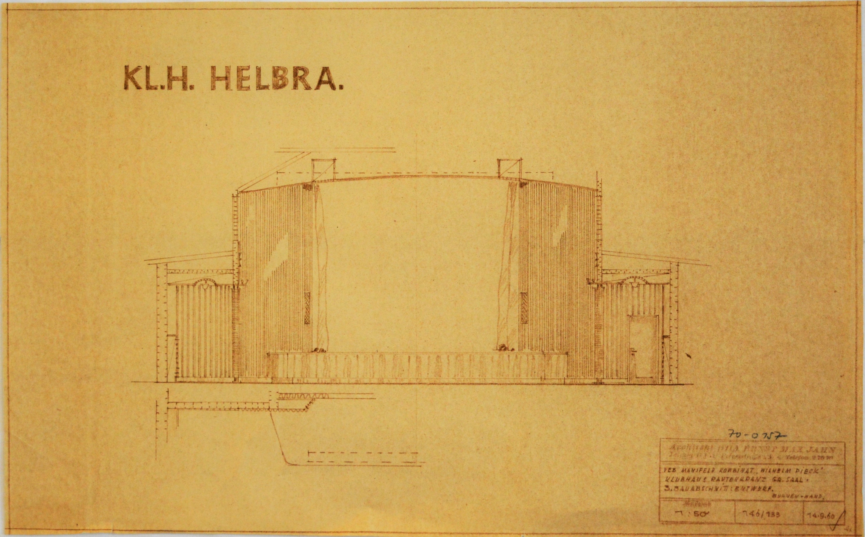KL.H. Helbra. Klubhaus Rautenkranz Gr. Saal. 3. Bauabschnitt: Entwurf.  Bühnen-Wand (Mansfeld-Museum im Humboldtschloss CC BY-NC-SA)