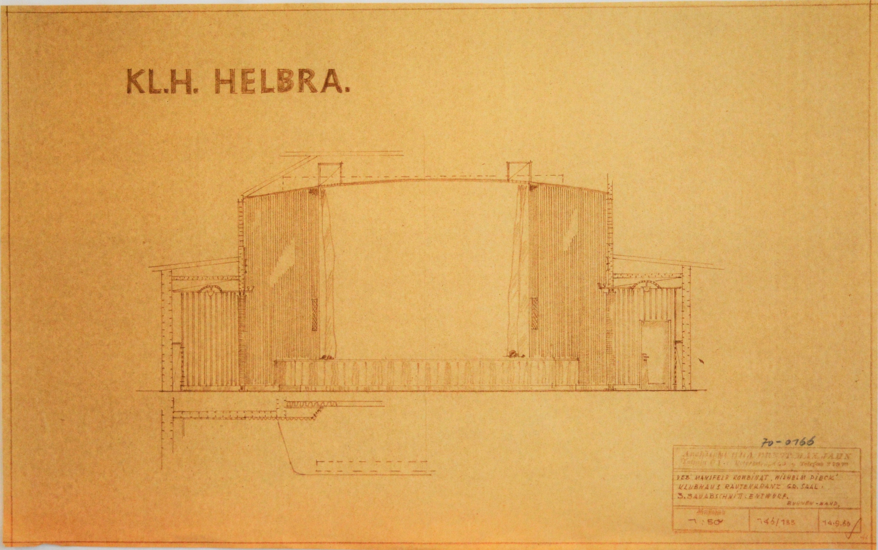 KL.H. Helbra. Klubhaus Rautenkranz Gr. Saal. 3. Bauabschnitt: Entwurf.  Bühnen-Wand (Mansfeld-Museum im Humboldtschloss CC BY-NC-SA)