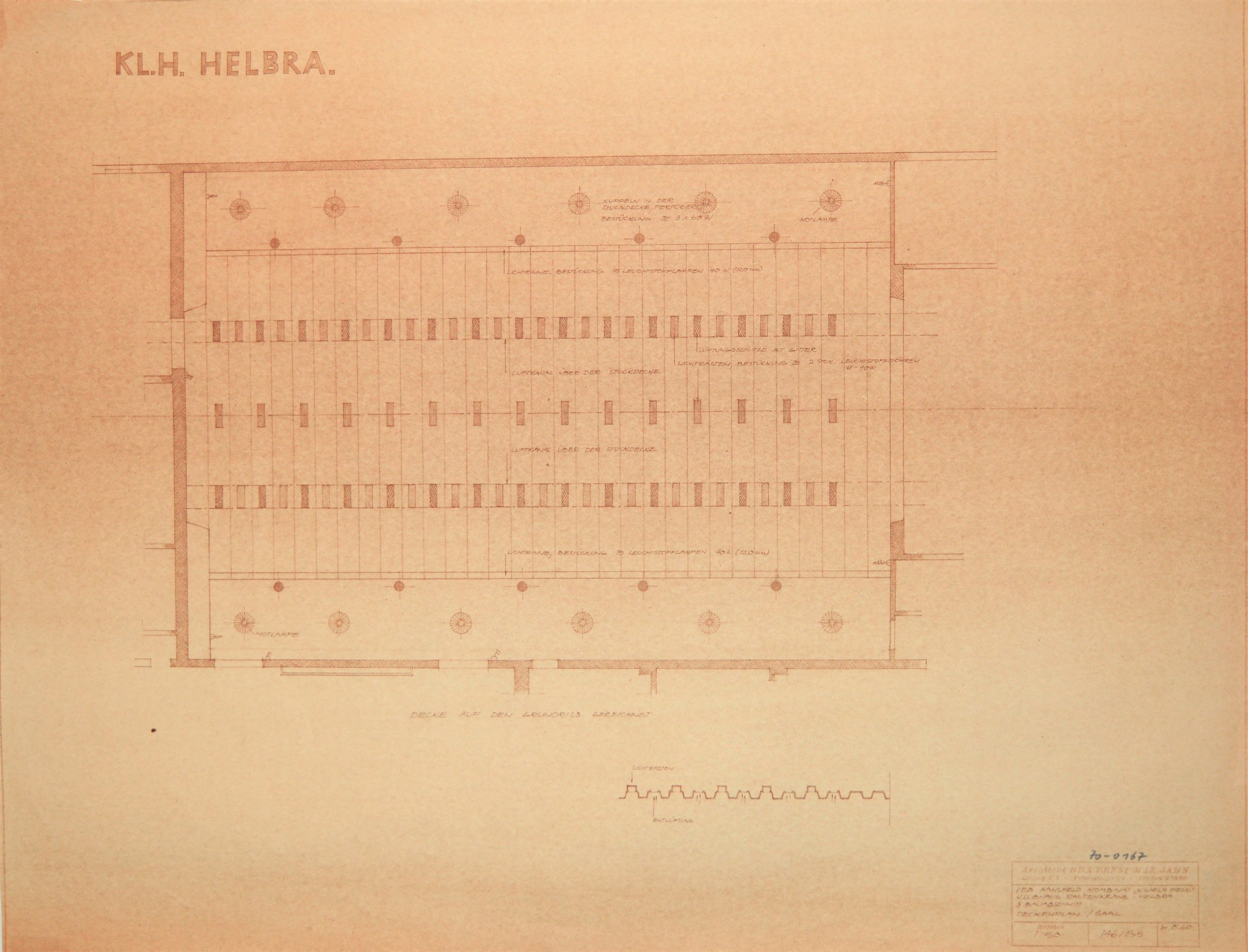 KL.H. Helbra. Klubhaus Rautenkranz - Helbra. 3. Bauabschnitt  Deckenplan / Saal (Mansfeld-Museum im Humboldtschloss CC BY-NC-SA)