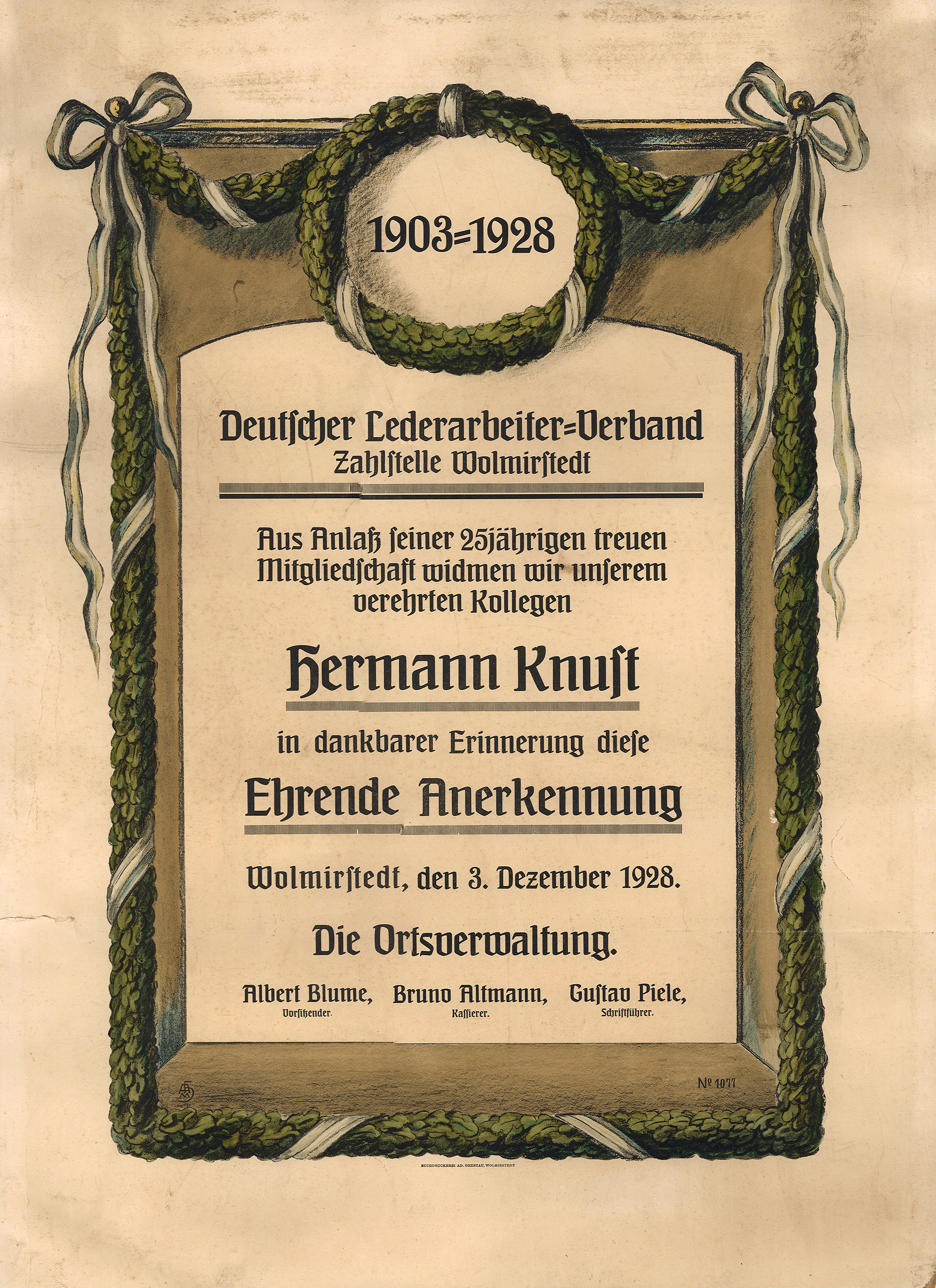 Urkunde zur 25-jährigen Mitgliedschaft des Hermann Knust im Deutschen Lederarbeiter-Verband, 1928 (Museum Wolmirstedt RR-F)
