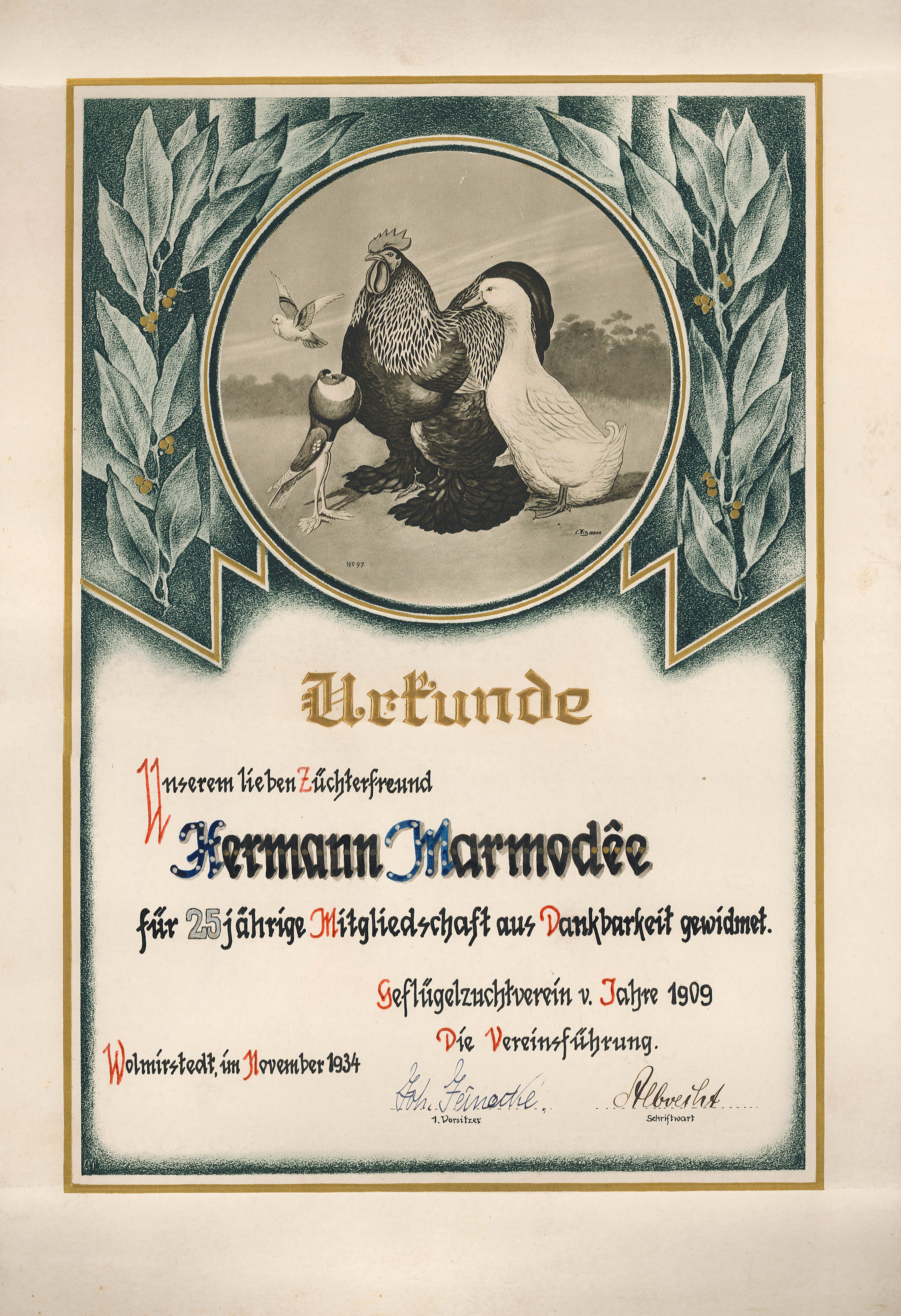 Urkunde zur 25-jährigen Mitgliedschaft des Herman Marmodee im Geflügelzuchtverein Wolmirstedt, 1934 (Museum Wolmirstedt RR-F)