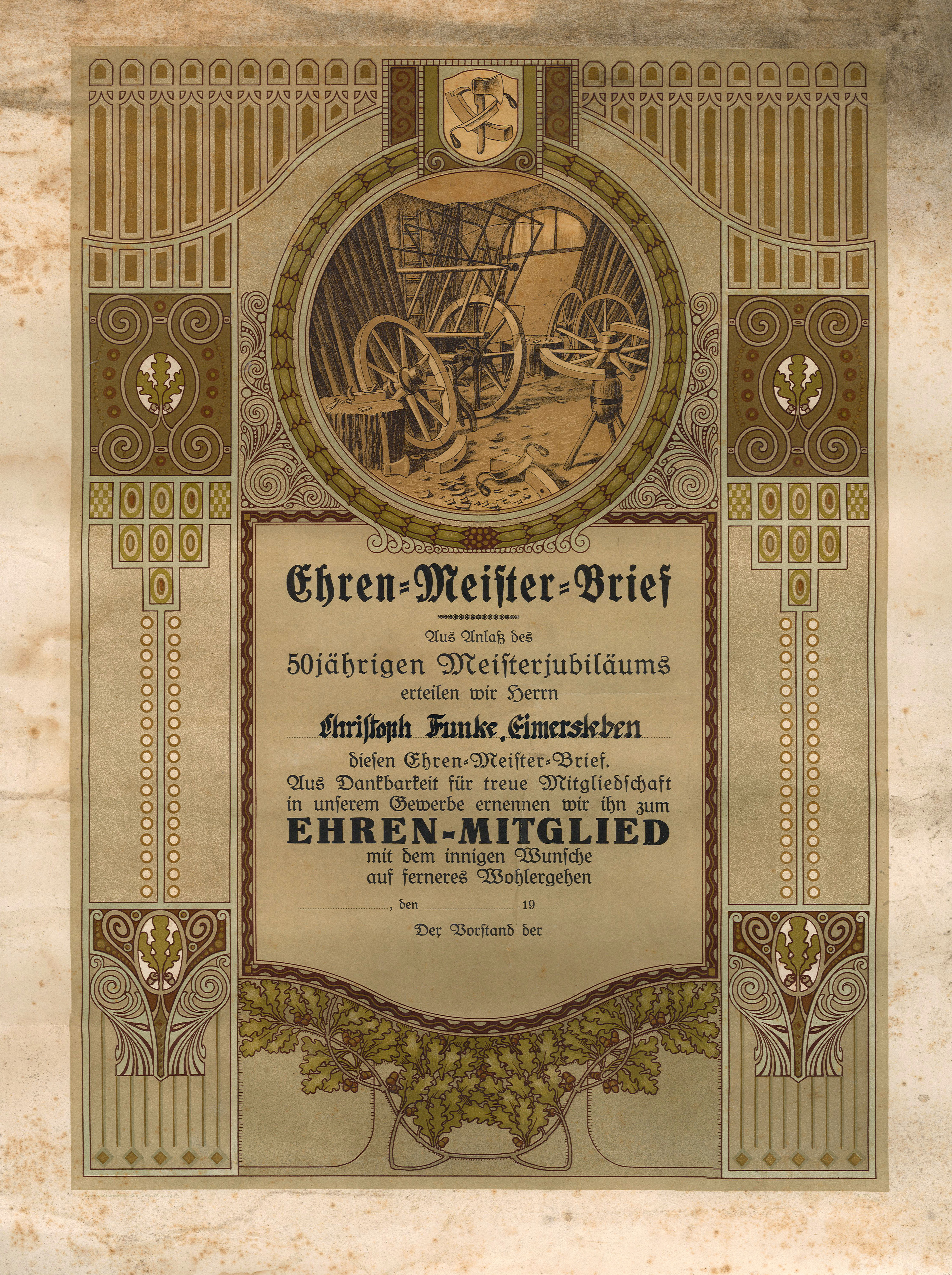 Ehrenmeister-Brief zum 50-jährigen Meisterjubiläum für Christoph Funke, 1925 (Museum Wolmirstedt RR-F)