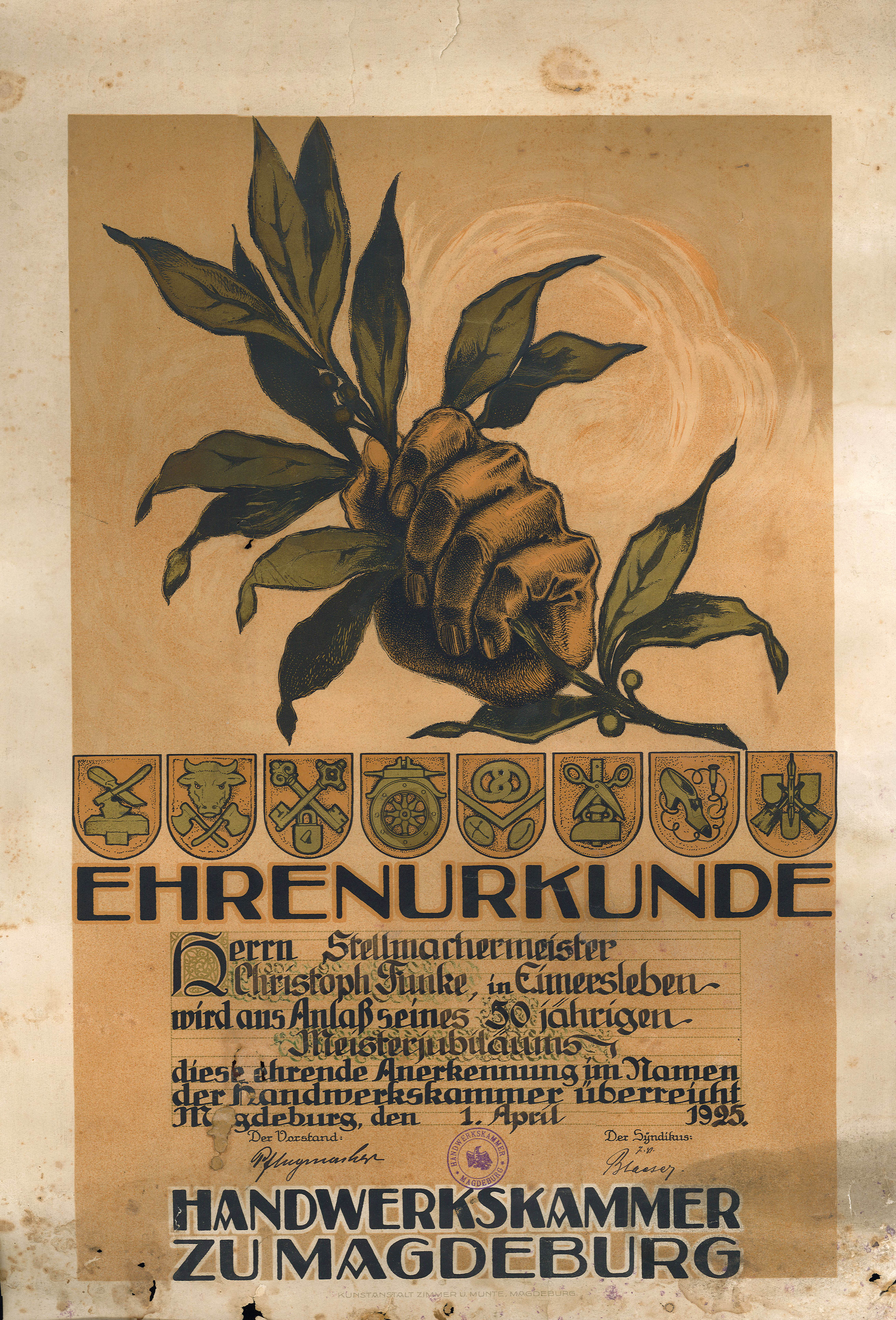 Ehrenmeister-Brief zum 50-jährigen Meisterjubiläum für Christoph Funke, 1. April 1925 (Museum Wolmirstedt RR-F)