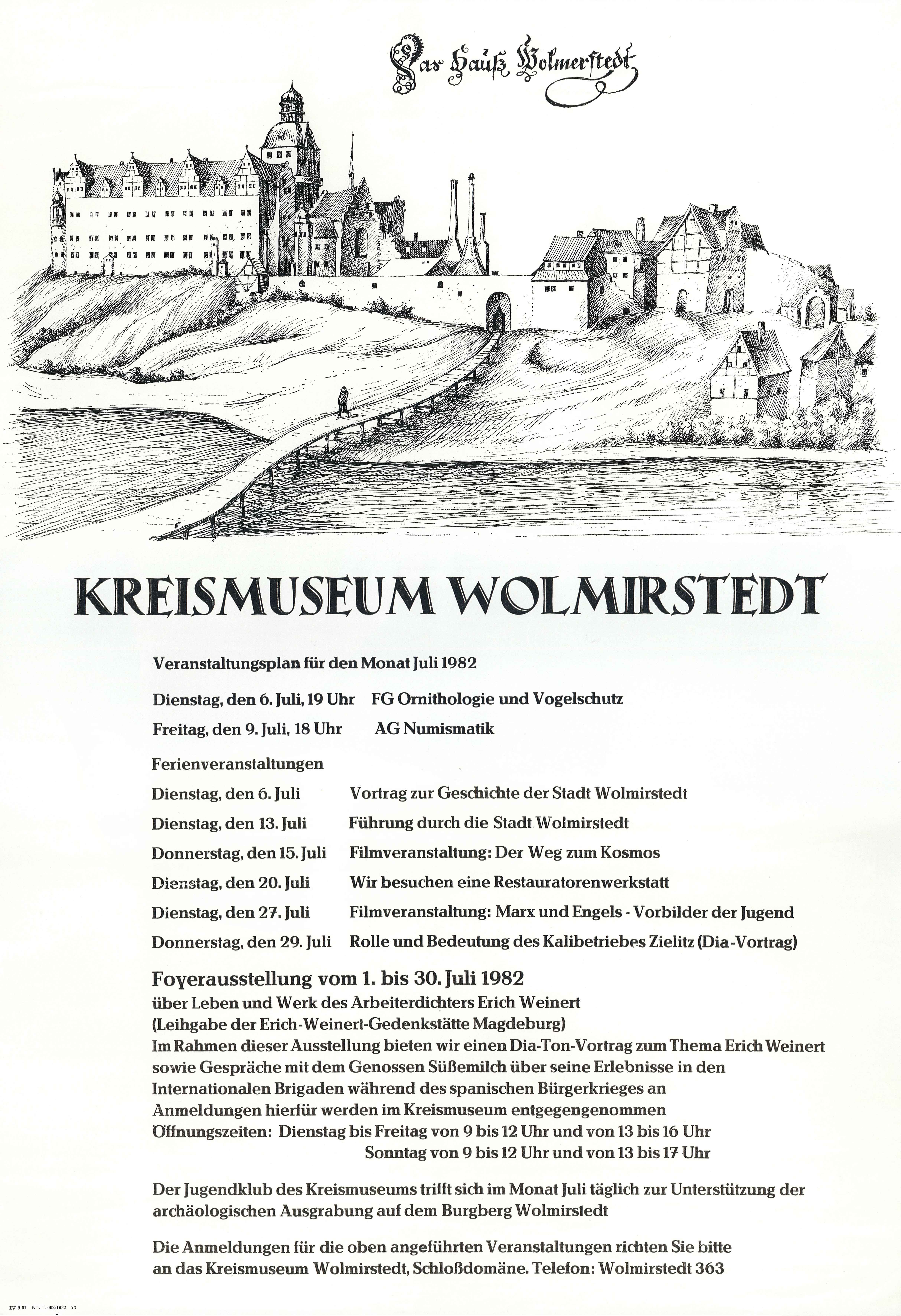 Plakat mit Veranstaltungsplan Kreismuseum Wolmirstedt für Juli 1982 (Museum Wolmirstedt RR-F)