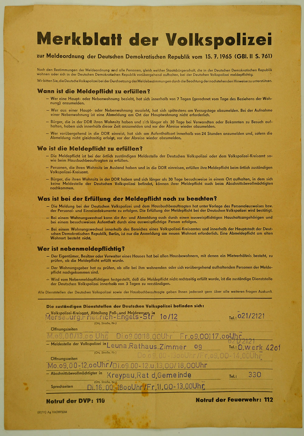 Merkblatt der Volkspolizei, 1966 (Museum Weißenfels CC BY-NC-SA)