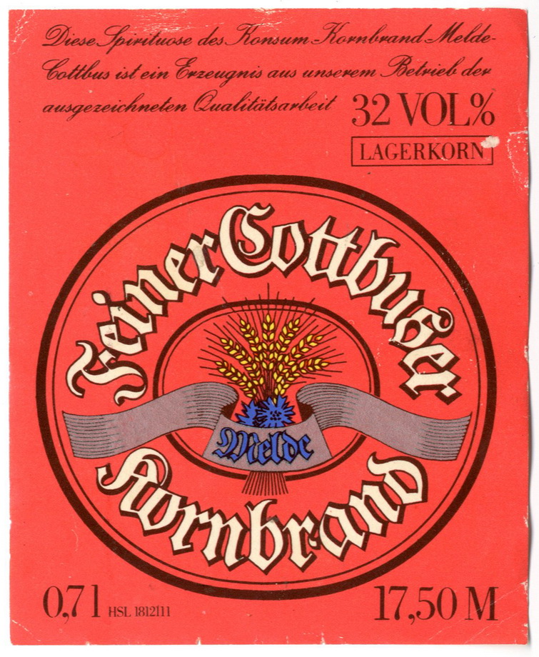 Etikett für Spirituose: "Feiner Cottbuser Kornbrand" (Haus der Geschichte Wittenberg RR-F)