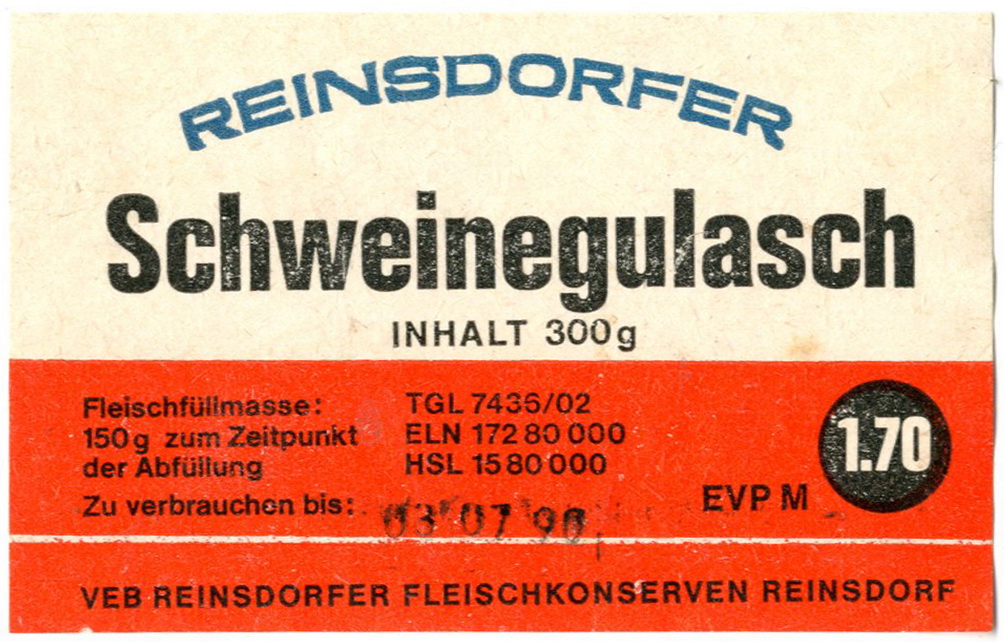 Etikett für: Reinsdorfer Schweinegulasch (Haus der Geschichte Wittenberg RR-F)