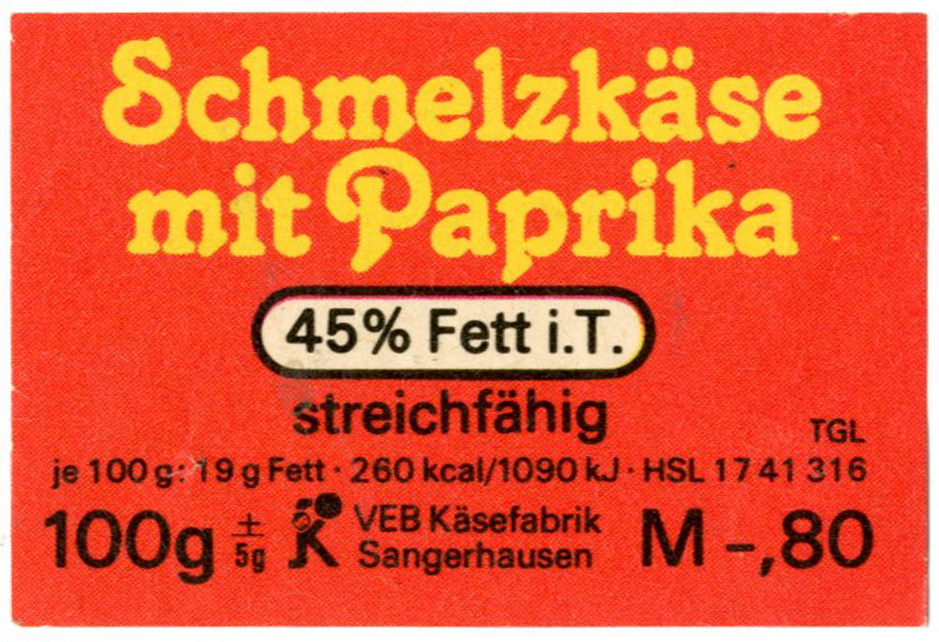 Etikett für: Schmelzkäse mit Paprika (Haus der Geschichte Wittenberg RR-F)
