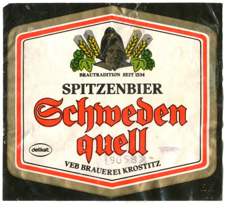 Etikett für: "Schweden quell" Bier (Haus der Geschichte Wittenberg RR-F)